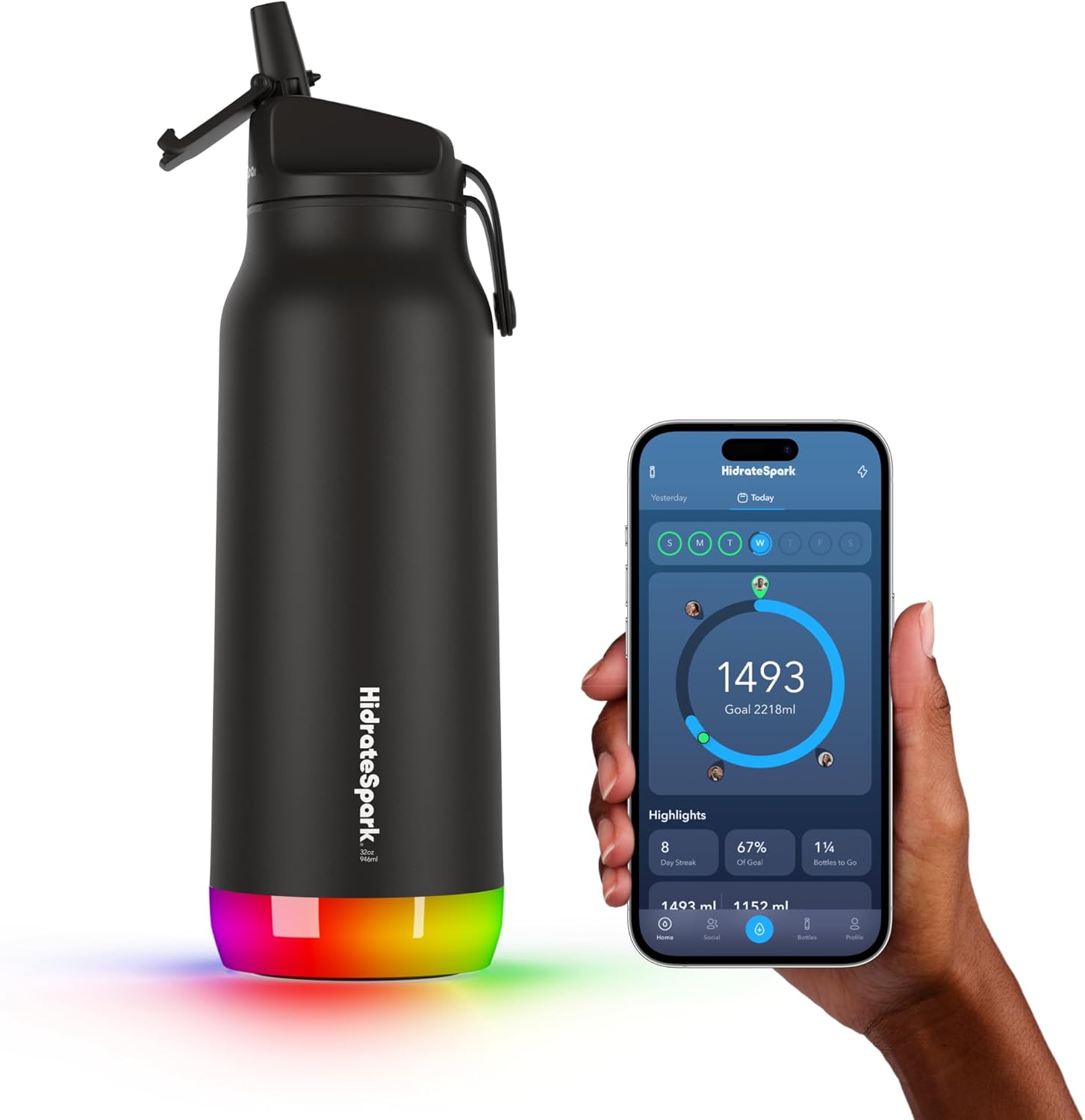 HidrateSpark PRO Smart Water Bottle - Tracks Water Intake & Glows to Remind You to Stay Hydrated, Straw, 32oz/946ml, Stainless Steel (Steel)