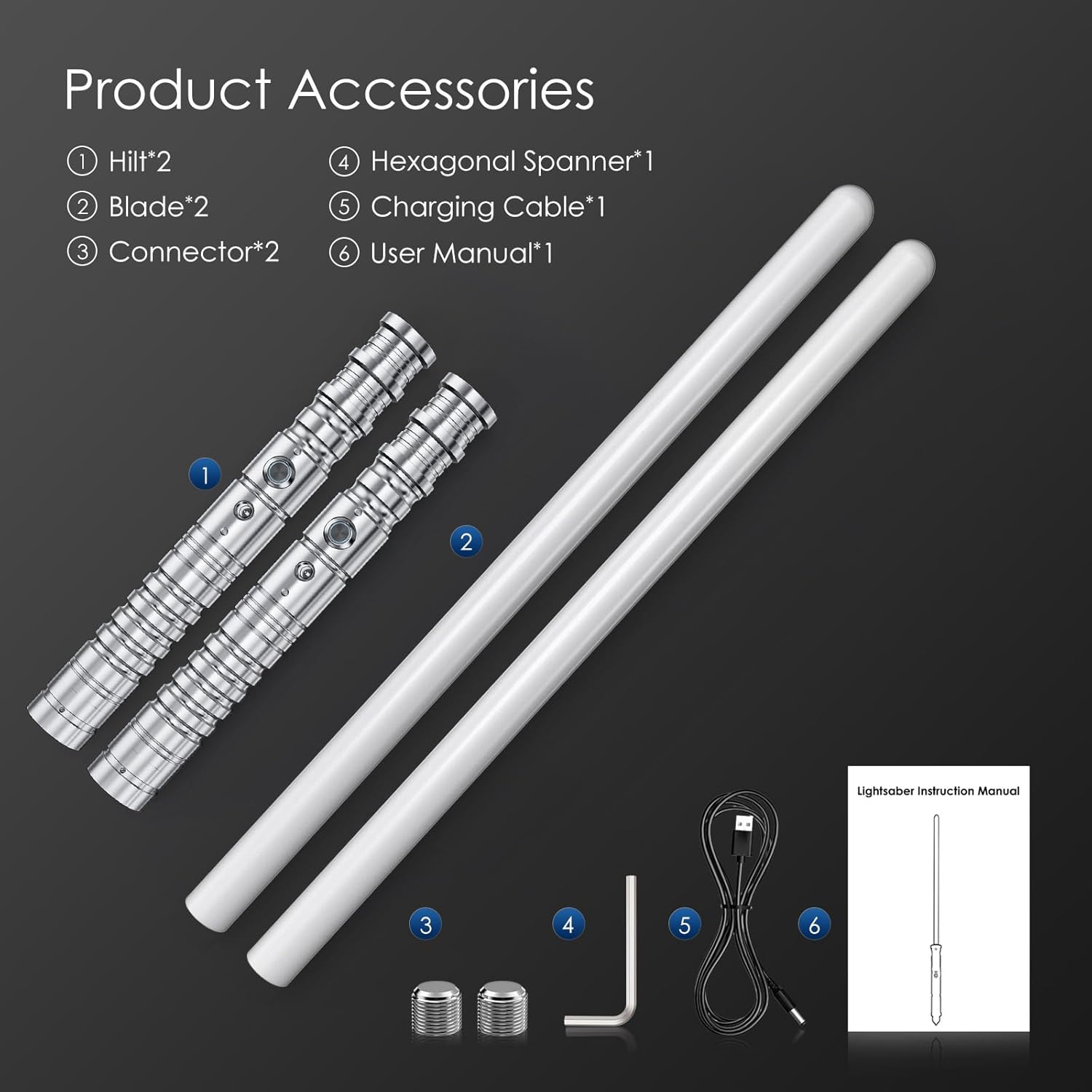 2-in-1 RGB Lightsaber 7 Color USB Rechargeable Silver Metal Handle Sword (2 Pack)
