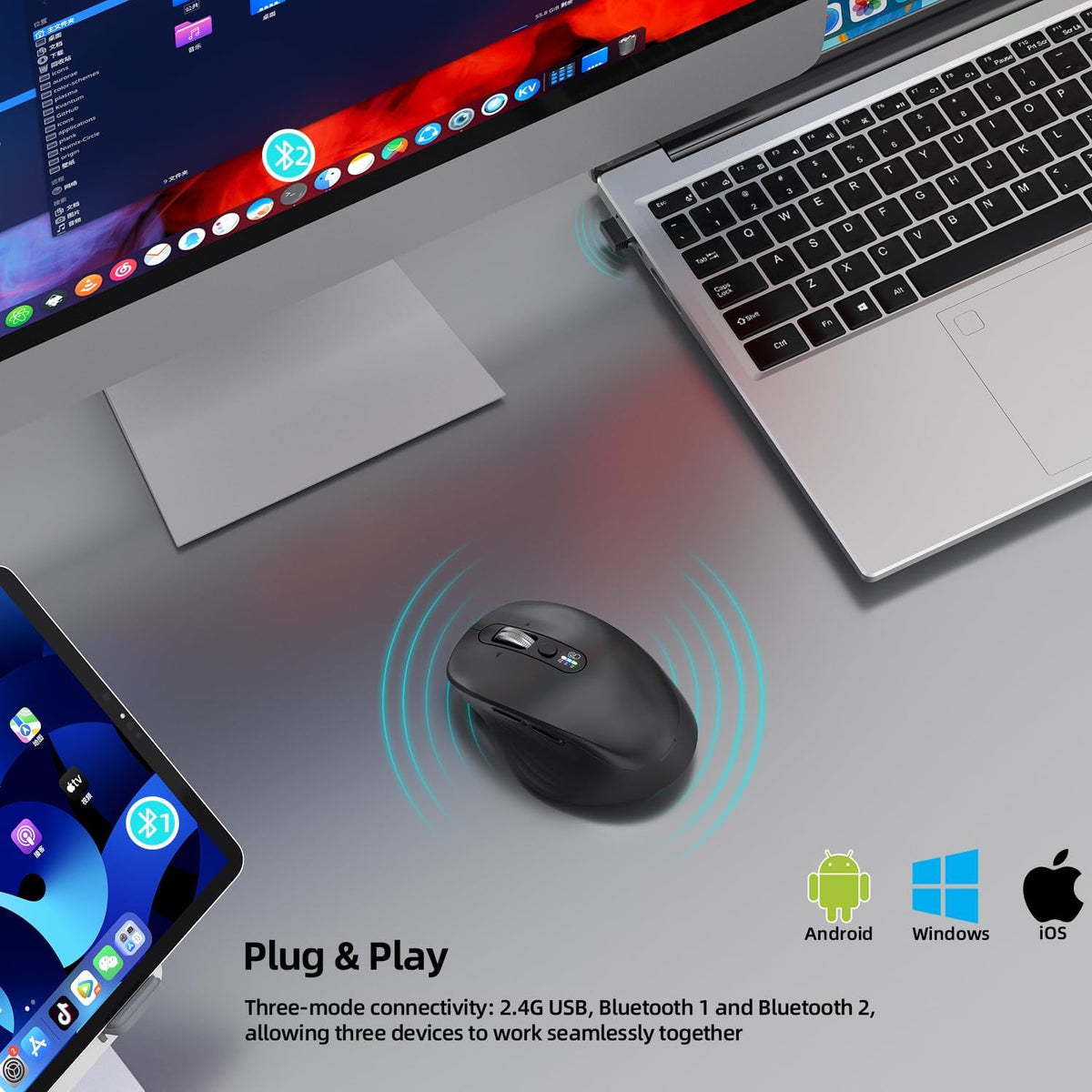 INFINMIND Wireless Bluetooth Mouse, Multi Device (BT1/BT2 + 2.4G USB) Mouse for Laptop, iPad & Mac, 4-Way Scroll with Side Buttons, Silent Click Ergonomic Offce Mouse, Adjustable DPI