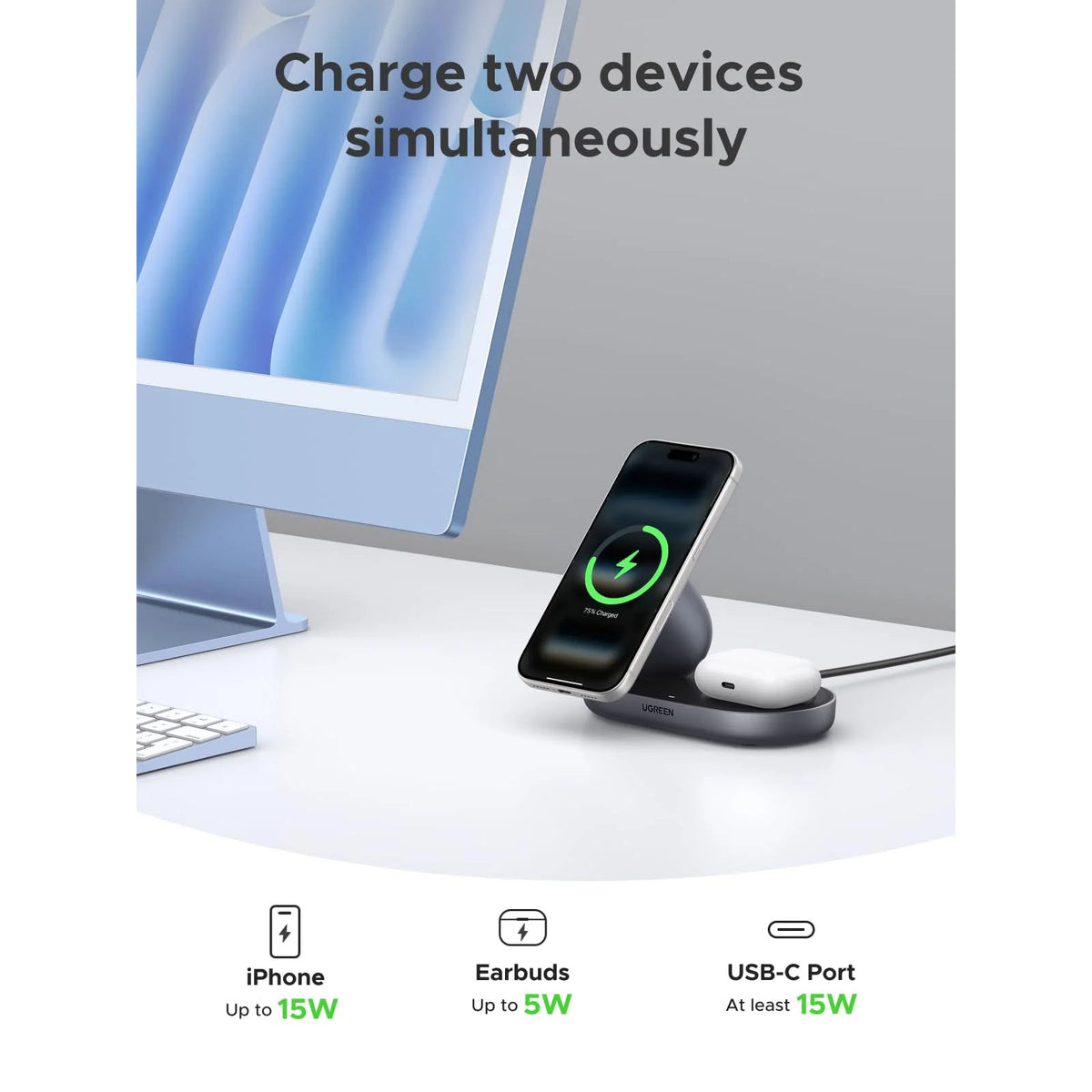 UGREEN Zapix 2 in 1 MagSafe Qi2 15W Induction Charger for iPhone Compatible with iPhone 17 16 15 14 13 12 Air Plus Pro Max, AirPods 4 3 Pro 3 2 1, Magnetic Wireless Charger Fast Charge