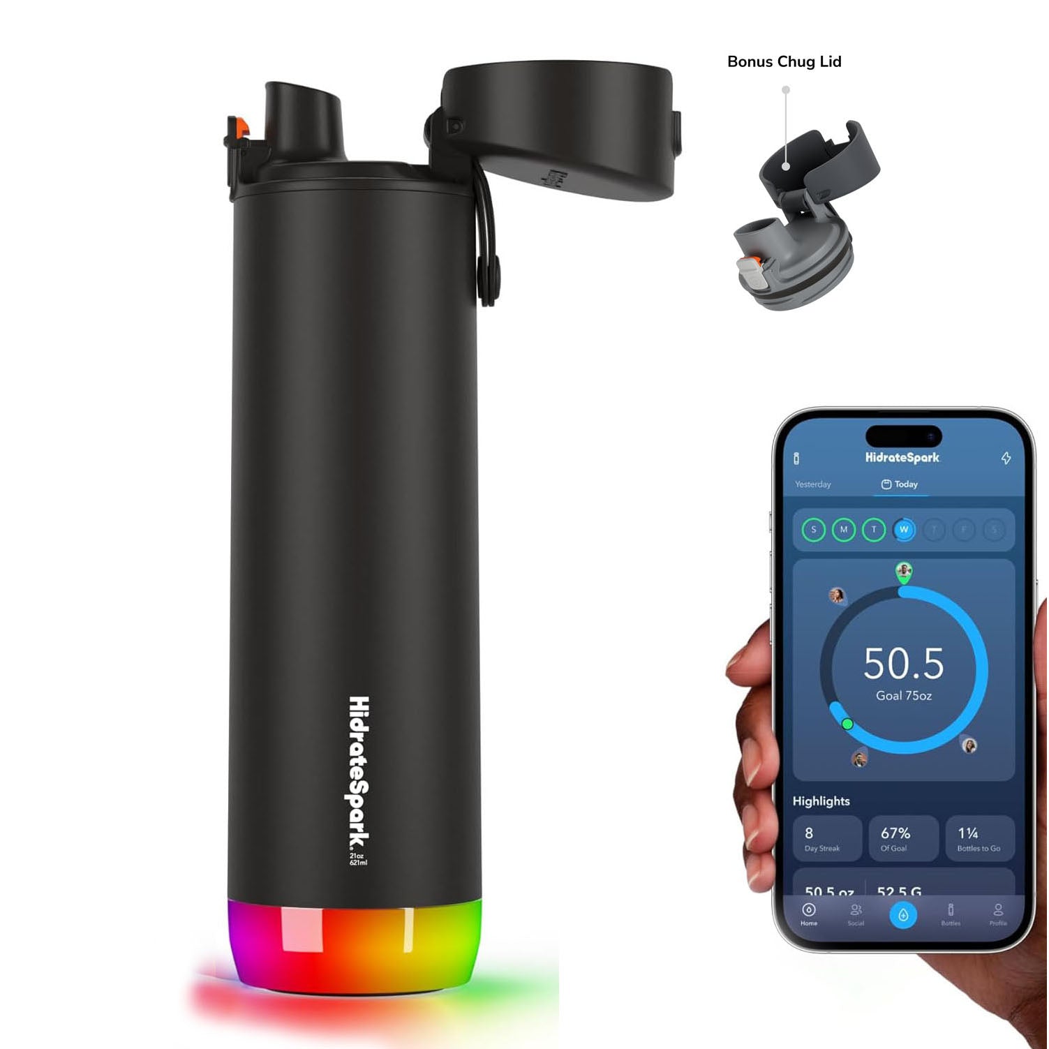 HidrateSpark PRO Smart Water Bottle - Tracks Water Intake & Glows to Remind You to Stay Hydrated, Straw, 21oz/621ml, Stainless Steel