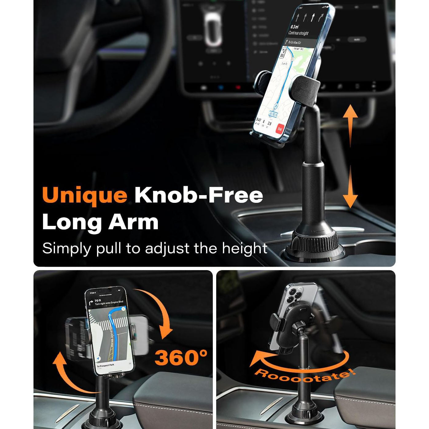 APPS2Car Universal Car Cup Phone Holder | Quick Extension Long Arm | 360° Swivel | Adjustable for All Smartphones | Stable & No Shake Design