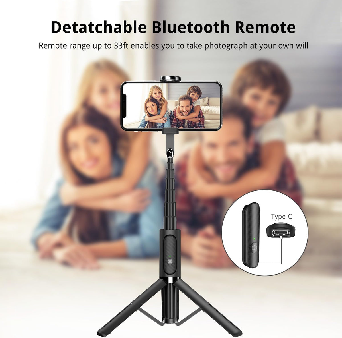 ATUMTEK 33" Selfie Stick Tripod, 3-in-1 Extendable Aluminum Phone Tripod with Detachable Bluetooth Remote, Compatible with Smartphones