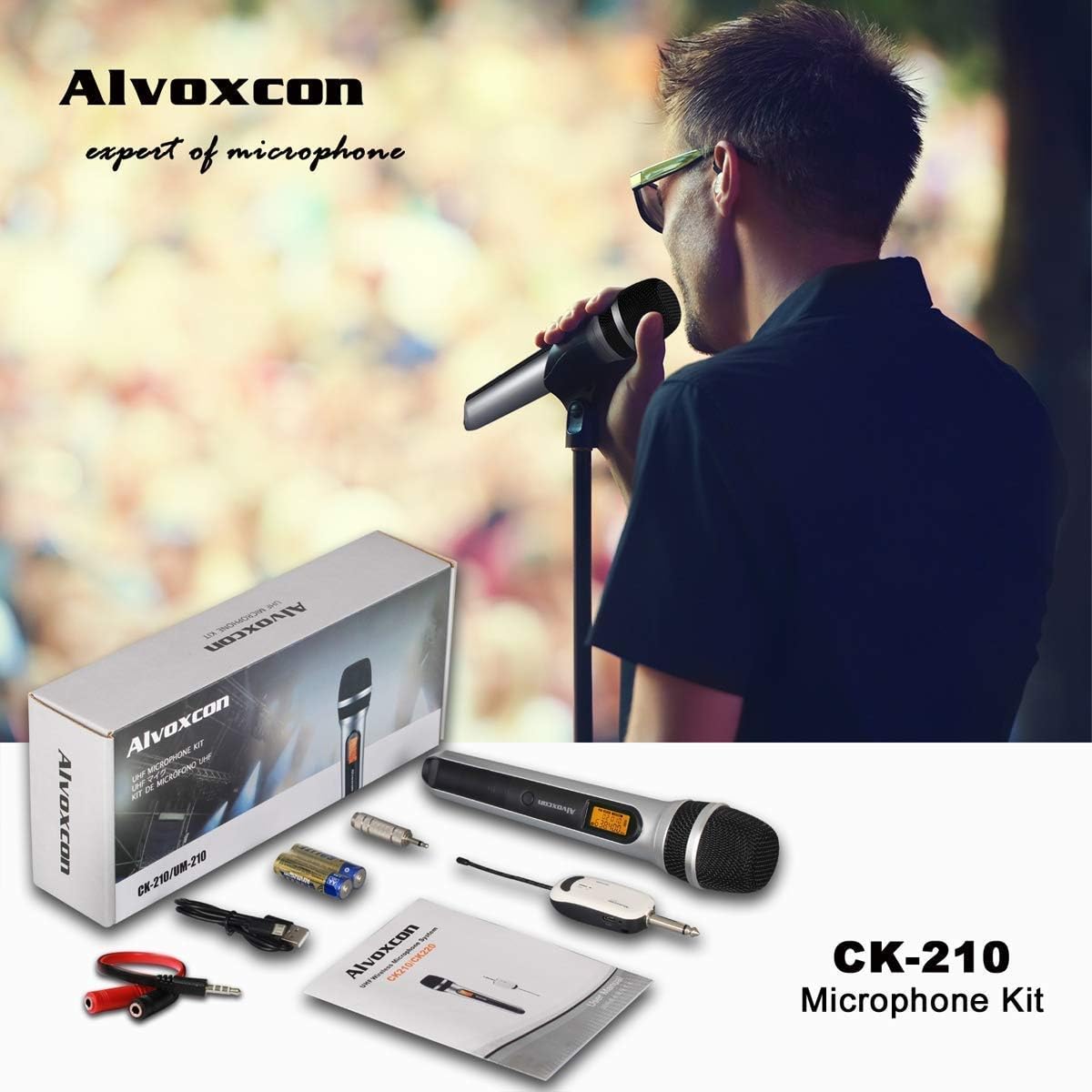 Alvoxcon Wireless Microphone System, UHF Dynamic Handheld mic compatible for Computer, Karaoke,On Stage,Live Events(1/4 inch plug mini receiver)