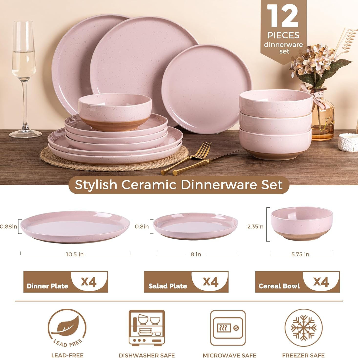 AmorArc Ceramic Plates and Bowls Set of 12 Hand Painted with Wavy Rim, Scratch Resistant, Dishwasher and Microwave Safe, Pink