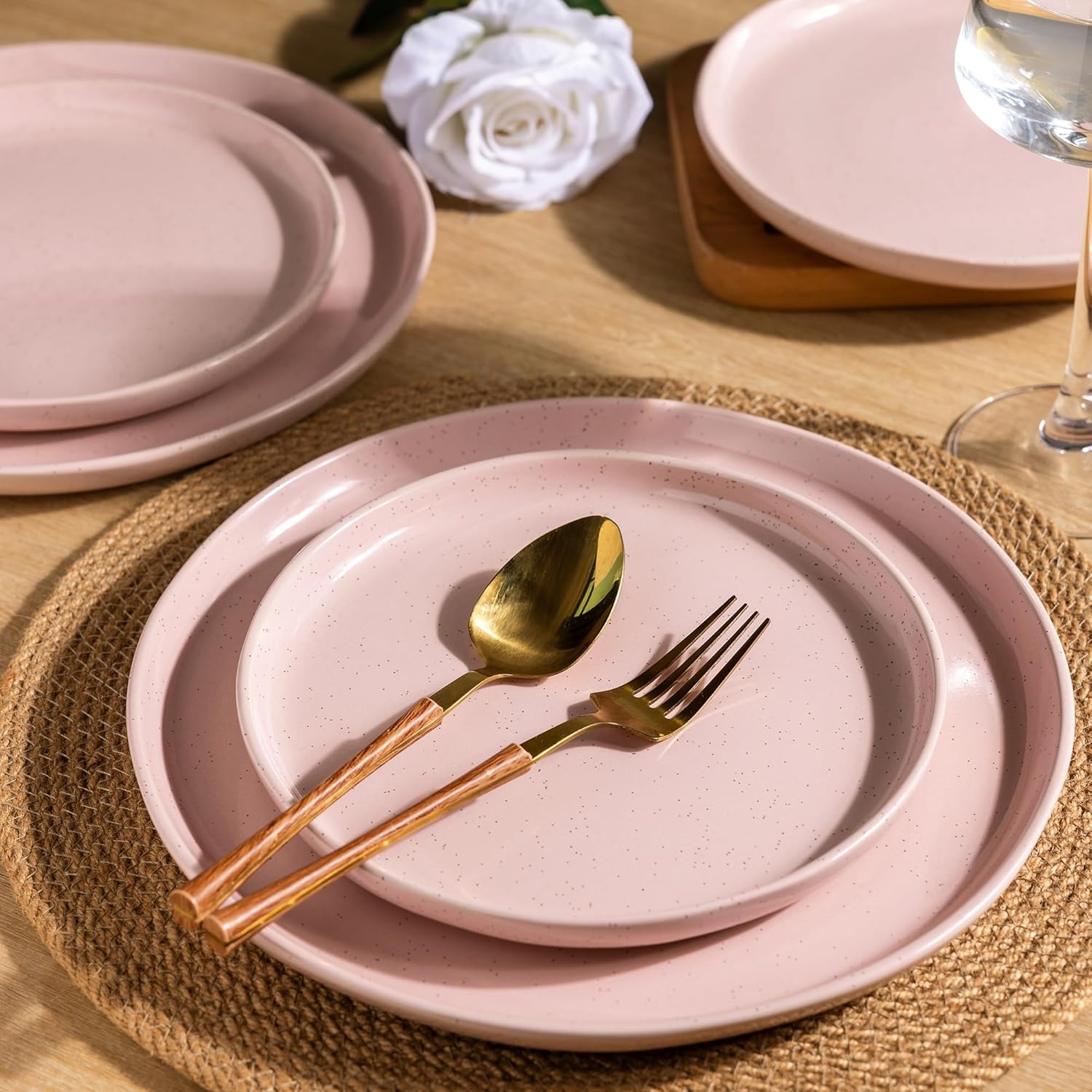 AmorArc Ceramic Plates and Bowls Set of 12 Hand Painted with Wavy Rim, Scratch Resistant, Dishwasher and Microwave Safe, Pink