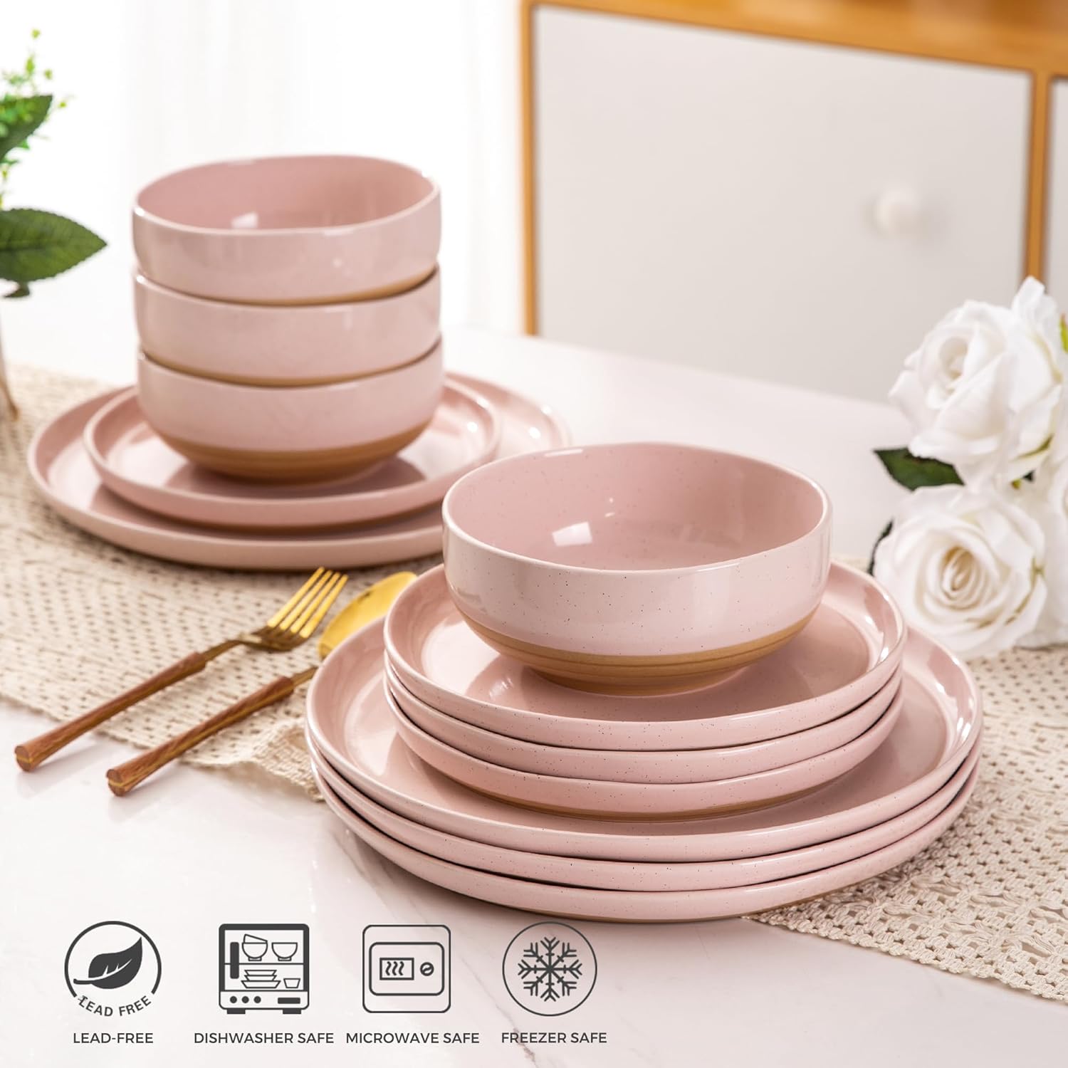 AmorArc Ceramic Plates and Bowls Set of 12 Hand Painted with Wavy Rim, Scratch Resistant, Dishwasher and Microwave Safe, Pink