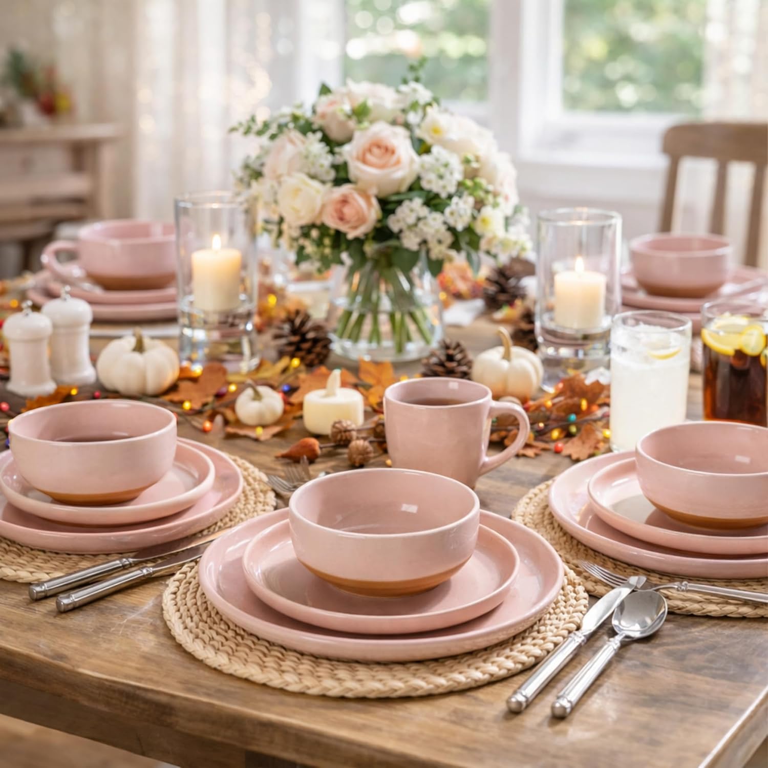 AmorArc Ceramic Plates and Bowls Set of 12 Hand Painted with Wavy Rim, Scratch Resistant, Dishwasher and Microwave Safe, Pink