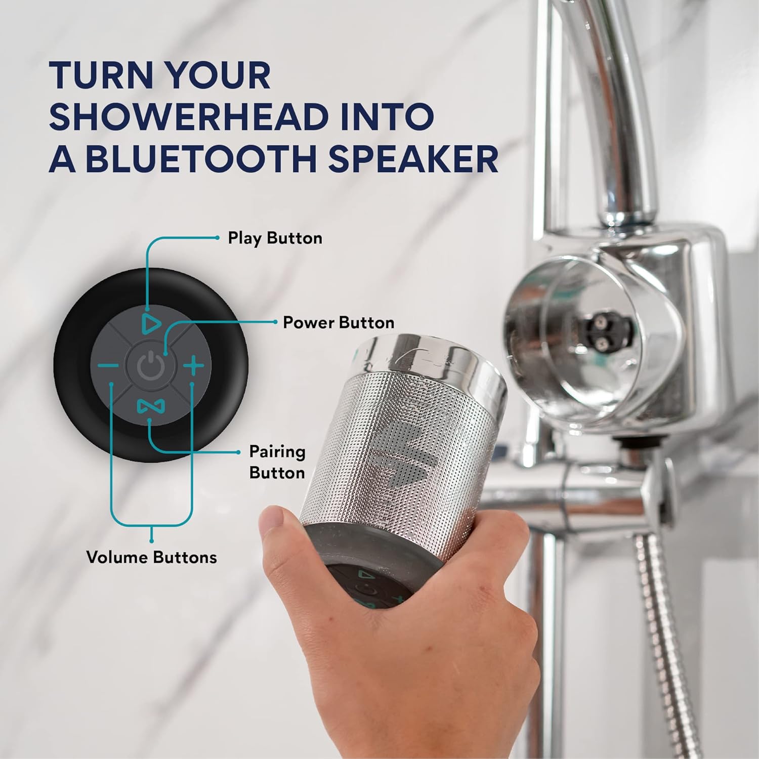 Ampere Shower Power Pro - Hydropower Bluetooth Shower Speaker, Waterproof Detachable Portable, Rechargeable Mini Speaker with LED Lights (Chrome)