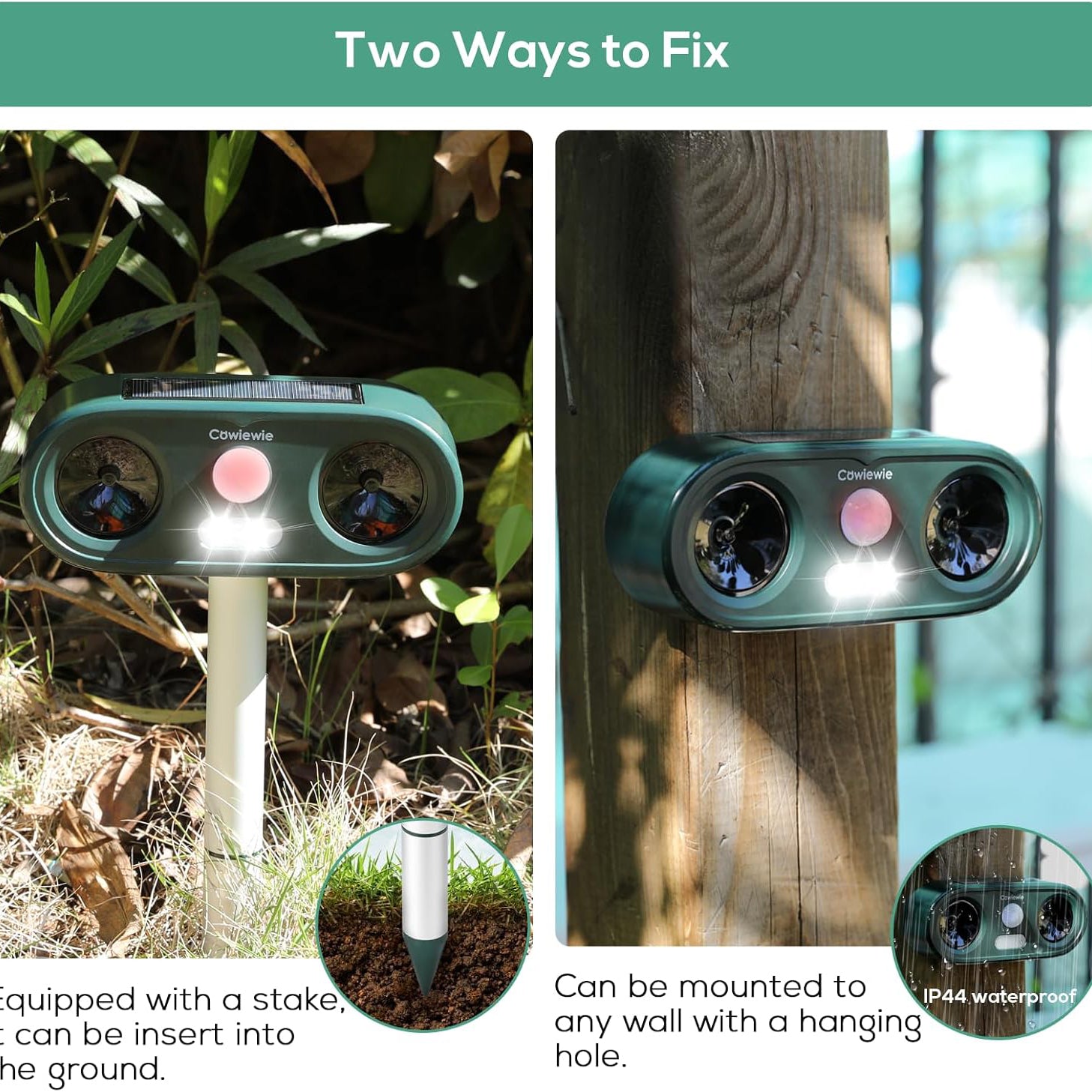 Cowiewie 2 Pack Cat Repellent for Gardens UK, Dual Speaker Solar Ultrasonic Animal Repeller with LED Flash, PIR Motion Sensor 120°, Waterproof Repellent for Garden Backyard Pool (Green)