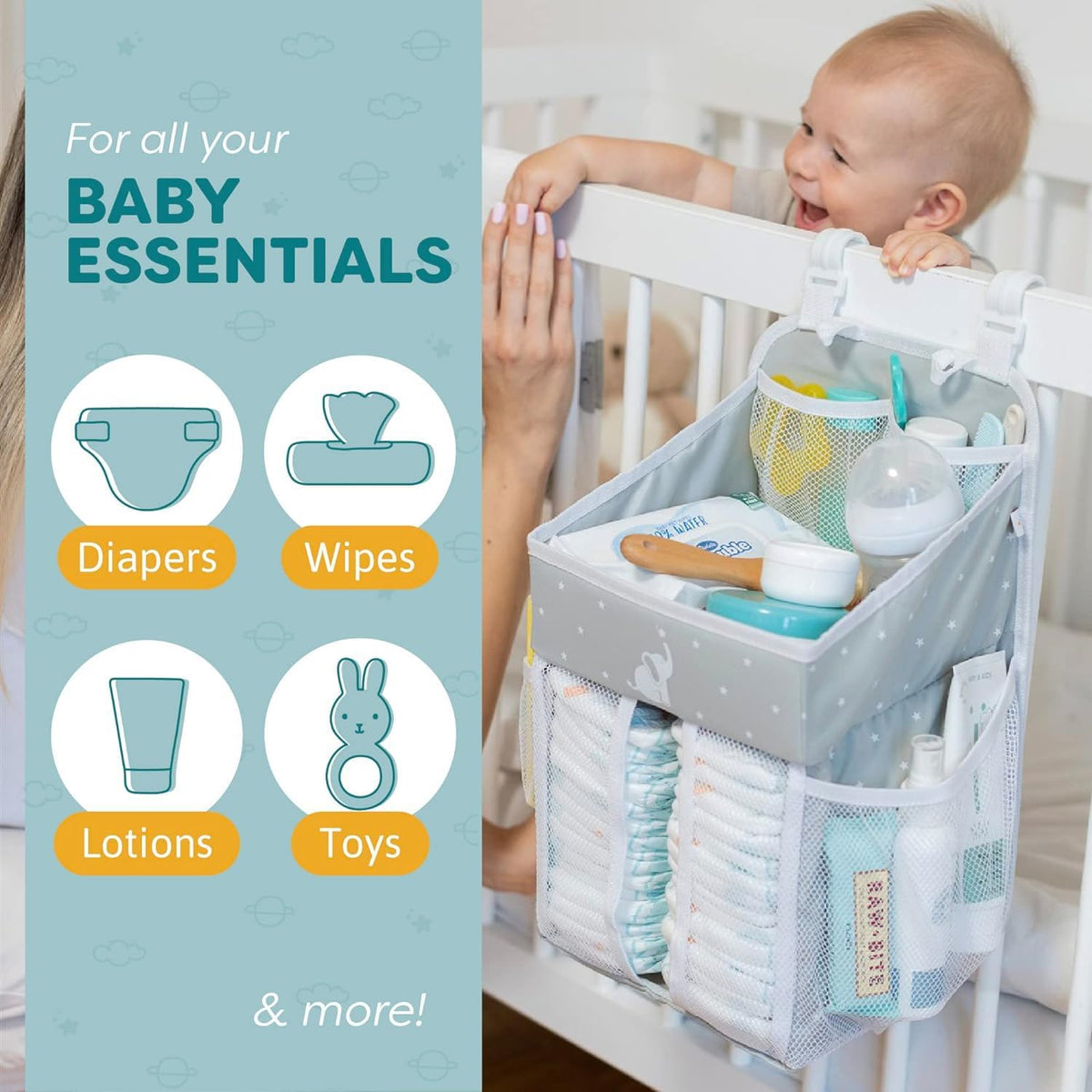 Cradle Star Hanging Changing Table Organizer - Baby Nursery Organizer with Multiple Compartments - Hanging Storage Door - 43 x 23 x 23 cm - Grey