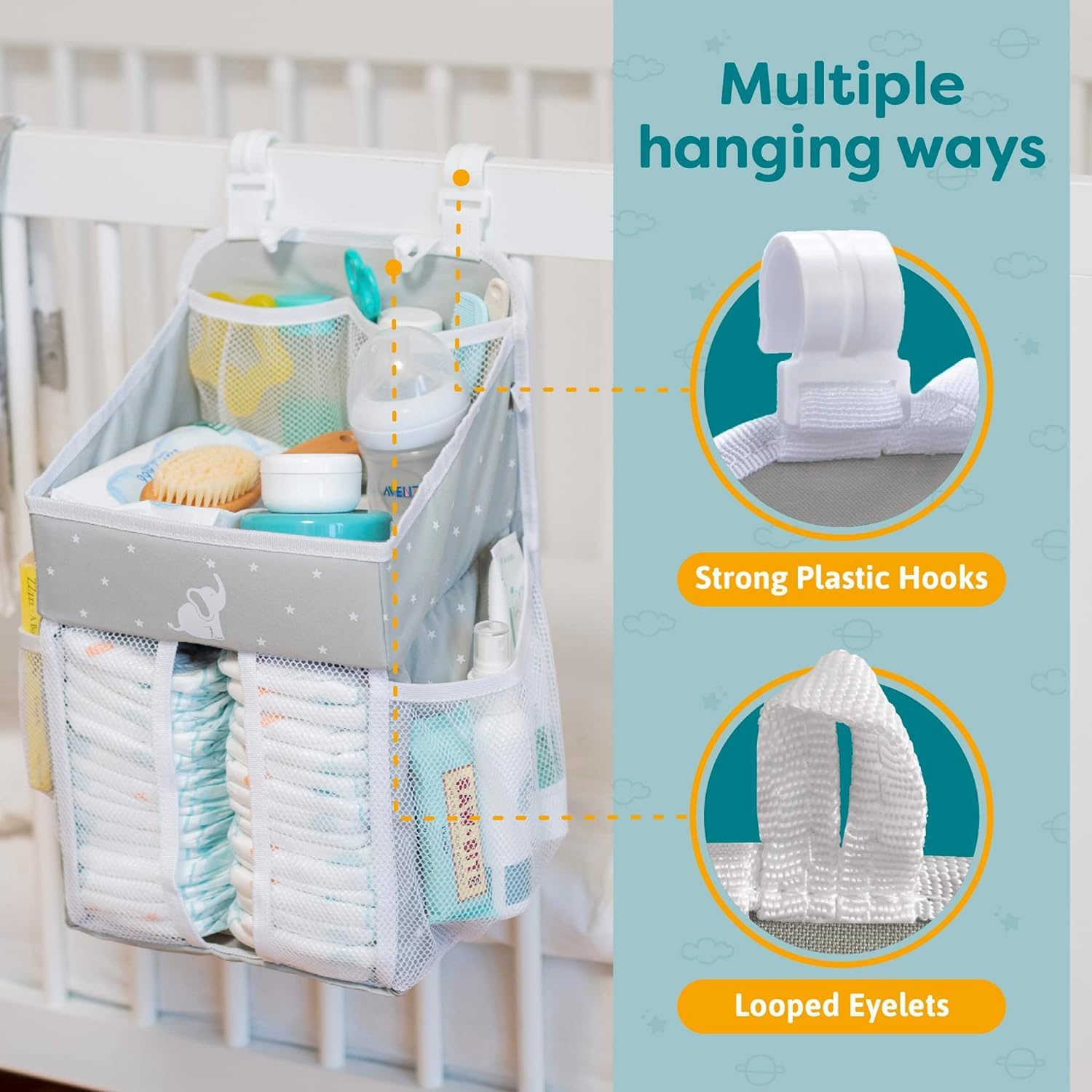 Cradle Star Hanging Changing Table Organizer - Baby Nursery Organizer with Multiple Compartments - Hanging Storage Door - 43 x 23 x 23 cm - Grey