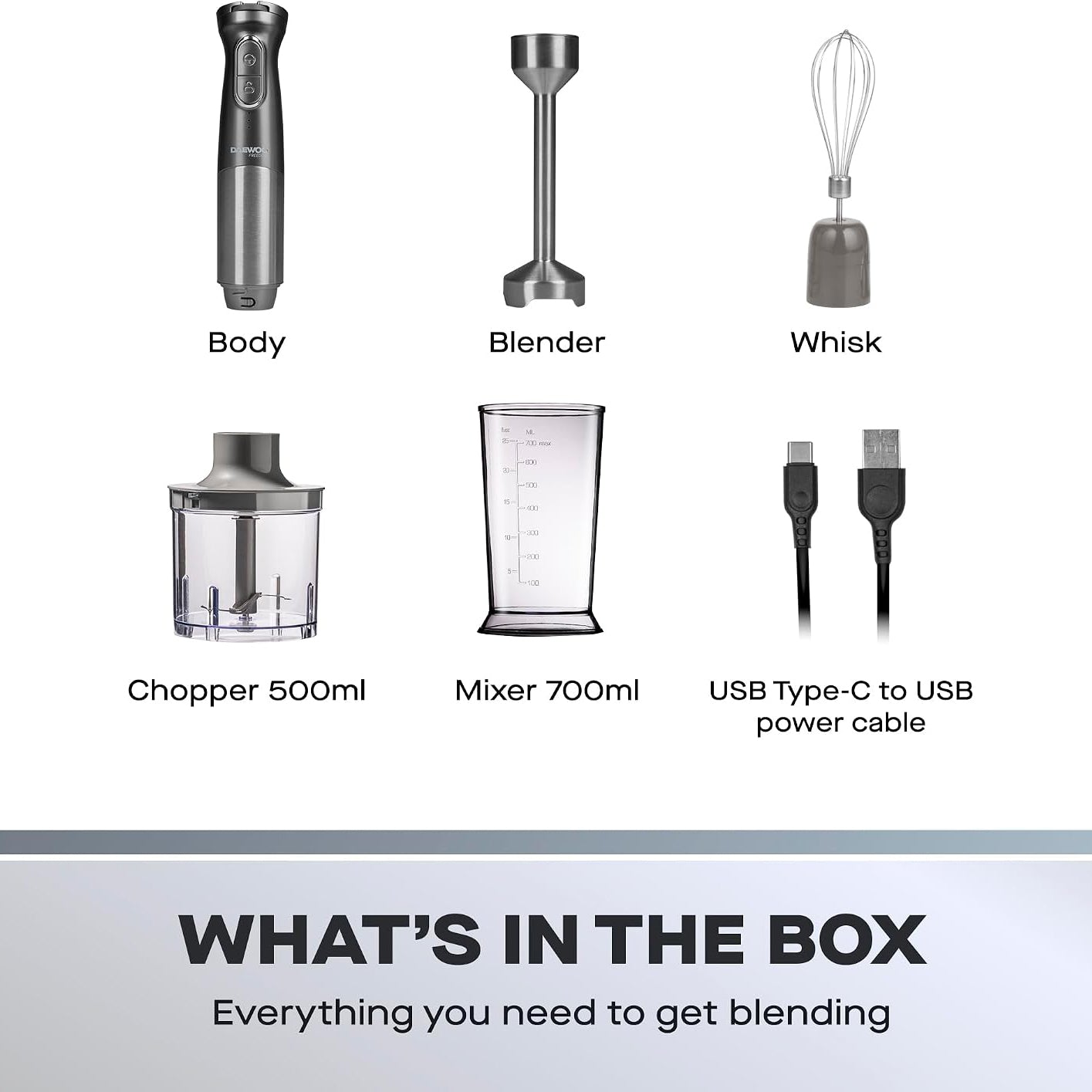 Daewoo 200W Cordless Pro 3-in-1 Hand Blender Set with Wahisk, Chopper & Jug