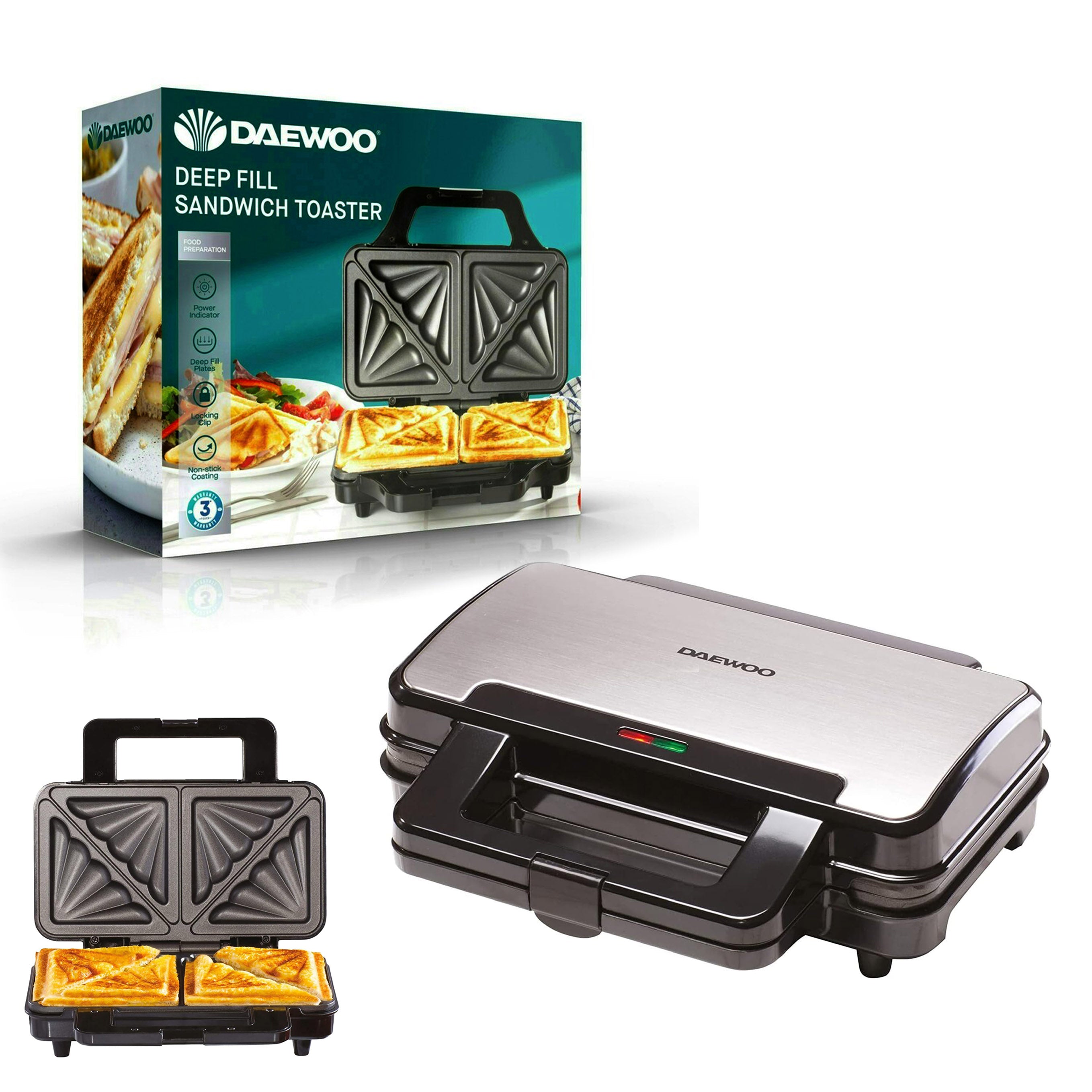 Daewoo Deep Fill Sandwich Toaster 900W, Non-Stick Toastie Maker with Locking Clip, Dual Indicator Lights, Sandwich Press for Crispy Sealed Toasties