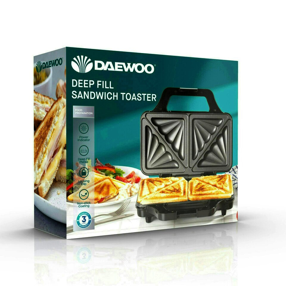 Daewoo Deep Fill Sandwich Toaster 900W, Non-Stick Toastie Maker with Locking Clip, Dual Indicator Lights, Sandwich Press for Crispy Sealed Toasties