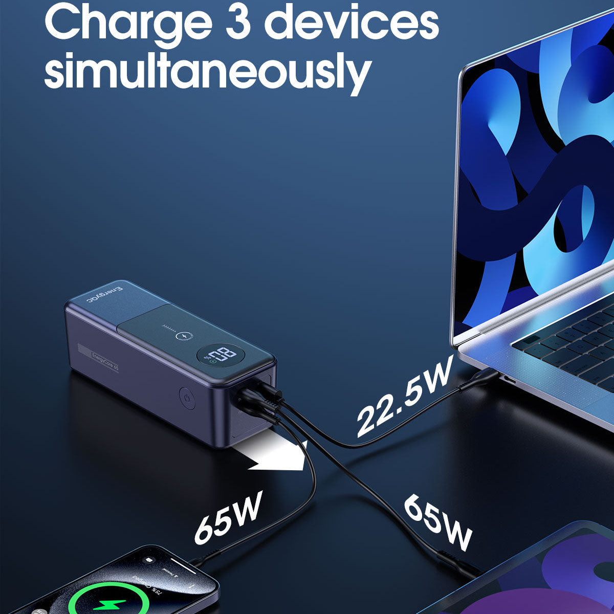 EnergyQC Fast Charging Power Bank,24000mah 65W Digital Display Portable Battery Charger, USB C,Laptop Powerbank with 3 Ports,Charging bank Power Pack for ip, Samsung, Dell, Tablets, Mobile Phone