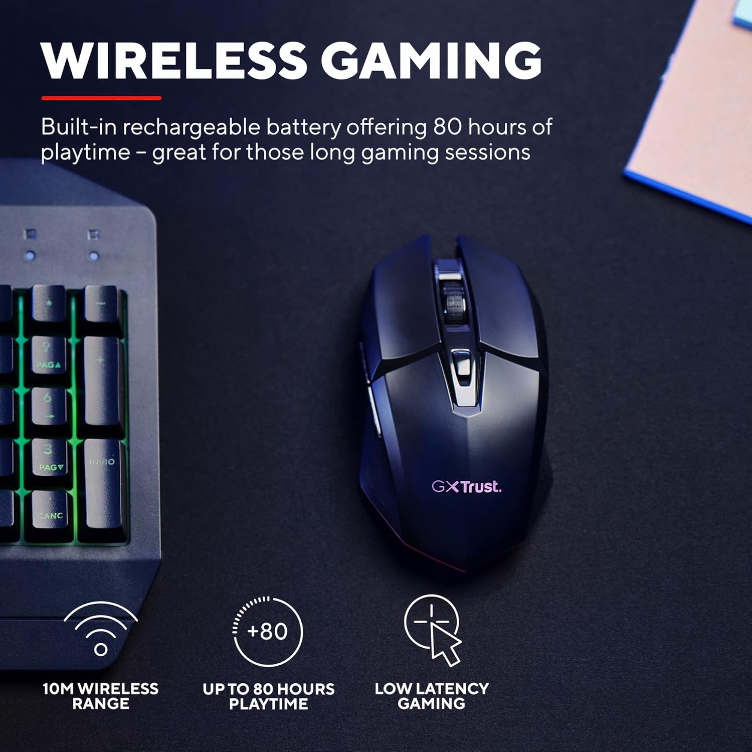 GXTrust Gaming Felox Rechargeable Wireless Gaming Mouse with Mouse Pad, 80h Playtime, 800-4800 DPI, 6 Buttons, Mouse Mat 24.5 x 21cm, RGB Computer Mouse for PC, Laptop, Windows - Black