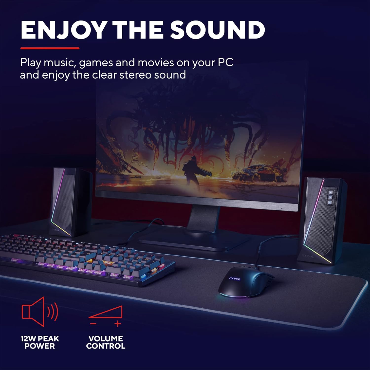 GXTrust Zoxa 2.0 PC Gaming Speakers, 12 W Peak Power, RGB Illuminated Set, USB Powered Sound System, 3.5 mm Aux, Volume Control, Stereo Computer Speakers for Desktop and Laptop - Black