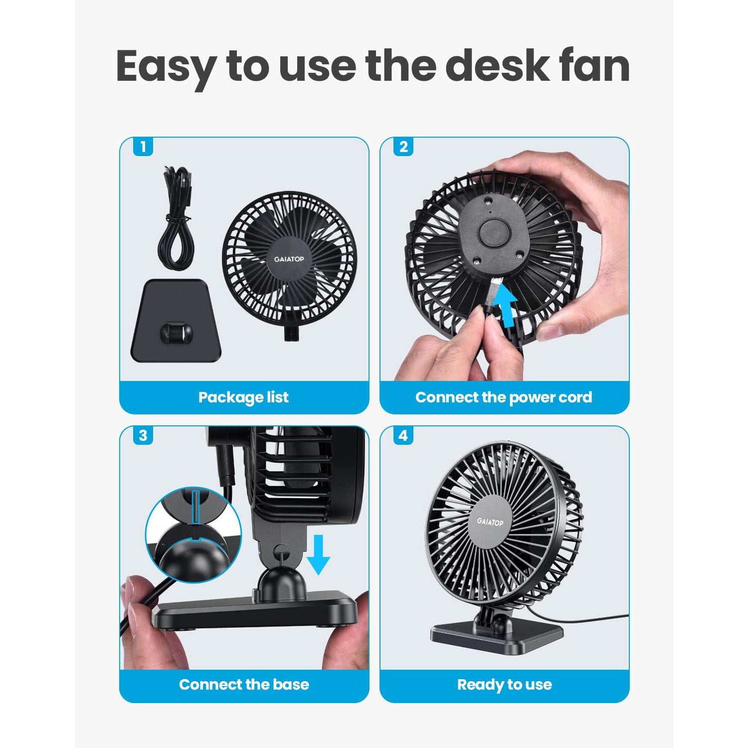 Gaiatop USB Desk Fan, Small But Powerful, Personal Portable Quiet 3 Speeds, Adjustable Mini Table Desktop fan For Home Office Car | TF30