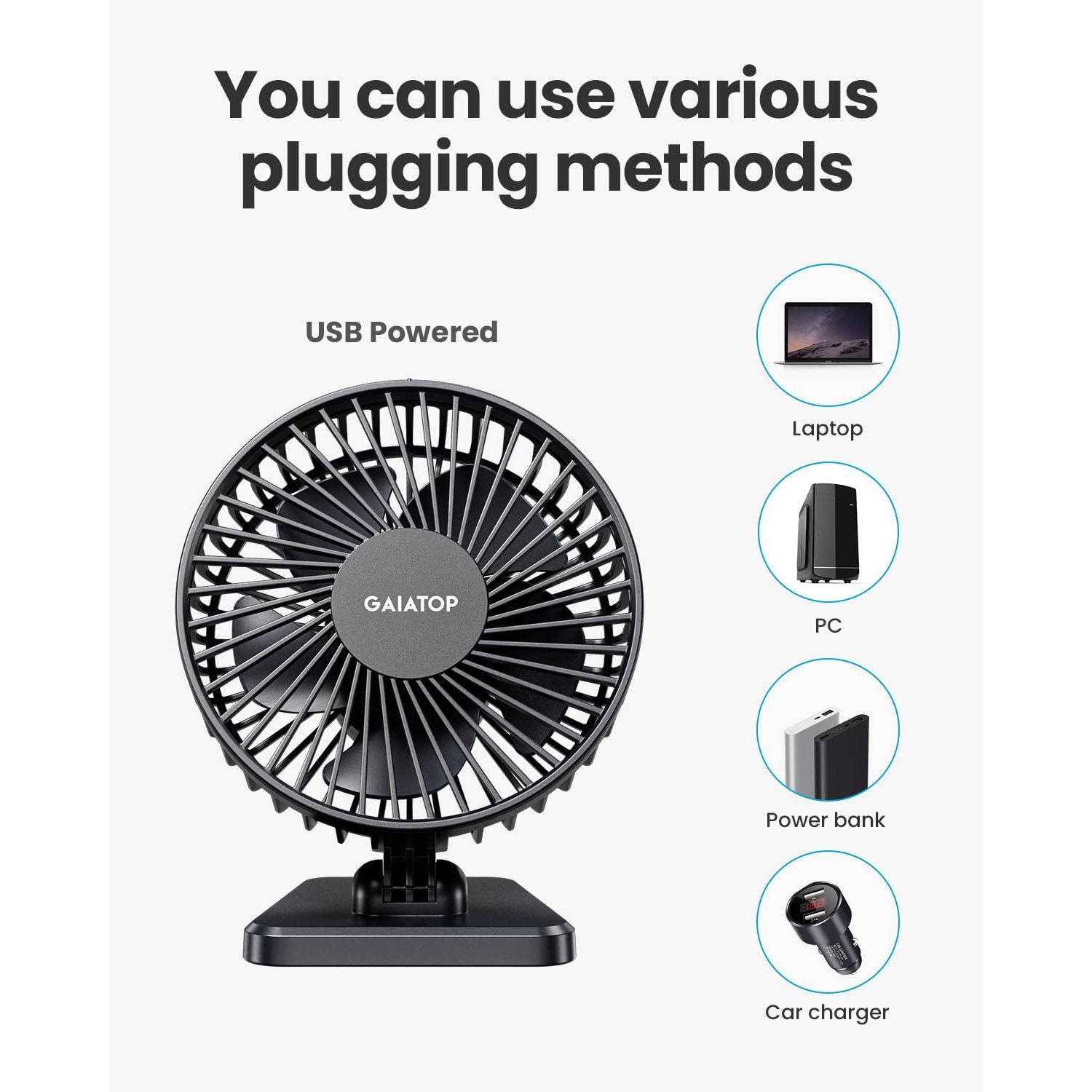 Gaiatop USB Desk Fan, Small But Powerful, Personal Portable Quiet 3 Speeds, Adjustable Mini Table Desktop fan For Home Office Car | TF30