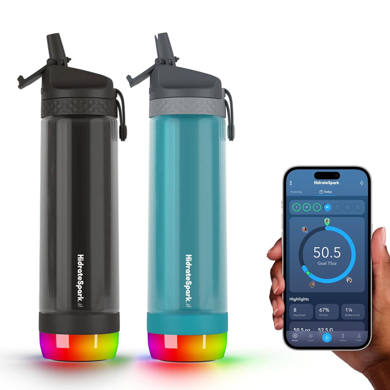 HidrateSpark PRO Lite Smart Water Bottle – Tritan Plastic – Tracks Water Intake with Bluetooth, LED Glow Reminder When You Need to Drink – Straw Lid, 24 oz/710 ml, Sea Glass