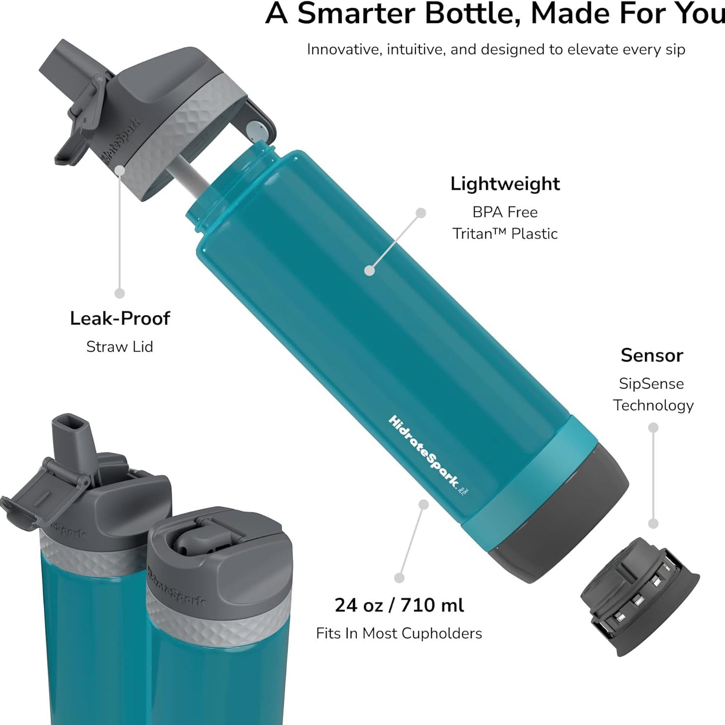 HidrateSpark PRO Lite Smart Water Bottle – Tritan Plastic – Tracks Water Intake with Bluetooth, LED Glow Reminder When You Need to Drink – Straw Lid, 24 oz/710 ml, Sea Glass