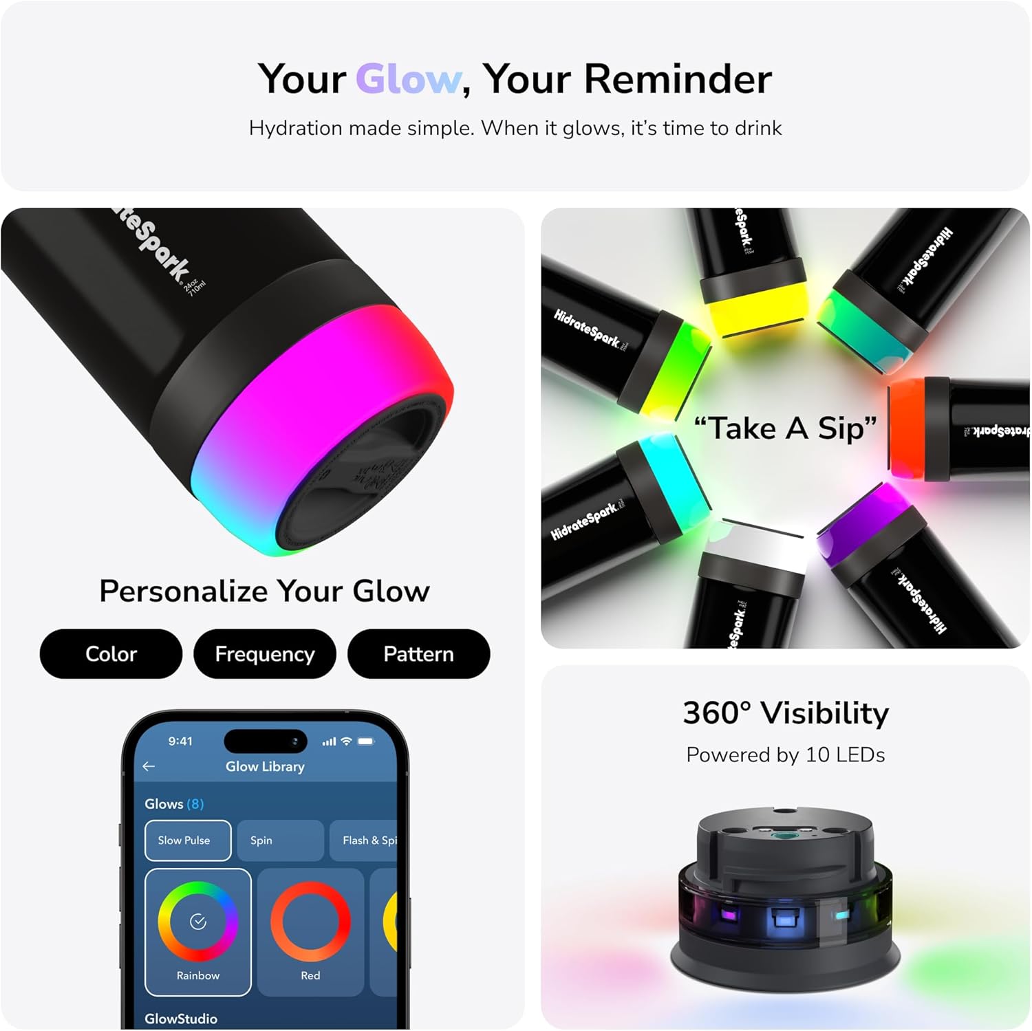 HidrateSpark PRO Lite Smart Water Bottle – Tritan Plastic – Tracks Water Intake with Bluetooth, LED Glow Reminder When You Need to Drink – Straw Lid, 24 oz/710 ml, Sea Glass