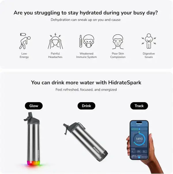 HidrateSpark PRO Smart Water Bottle - Tracks Water Intake & Glows to Remind You to Stay Hydrated, Straw, 21oz/621ml, Stainless Steel