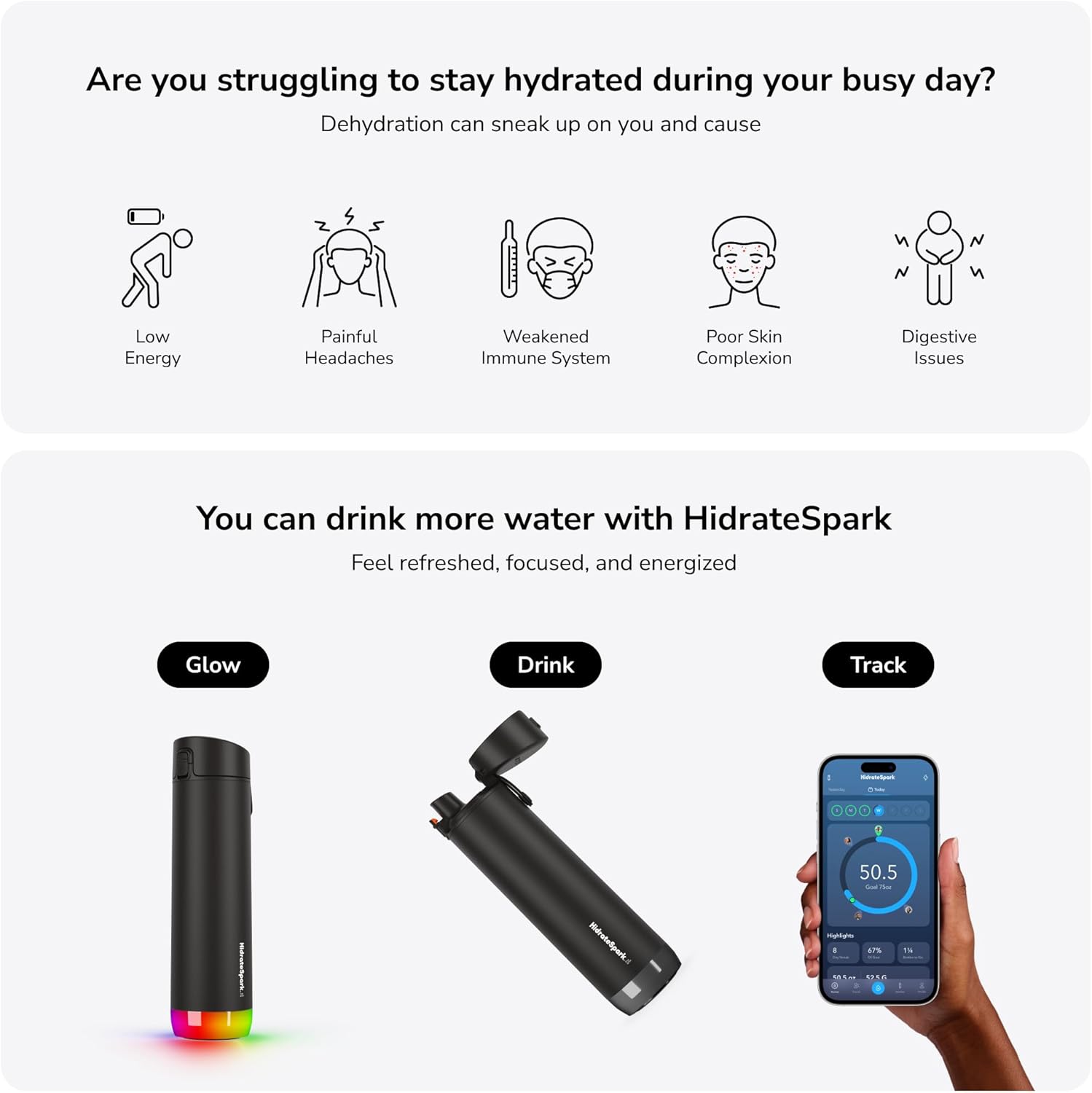 HidrateSpark PRO Smart Water Bottle - Tracks Water Intake & Glows to Remind You to Stay Hydrated, Straw, 21oz/621ml, Stainless Steel