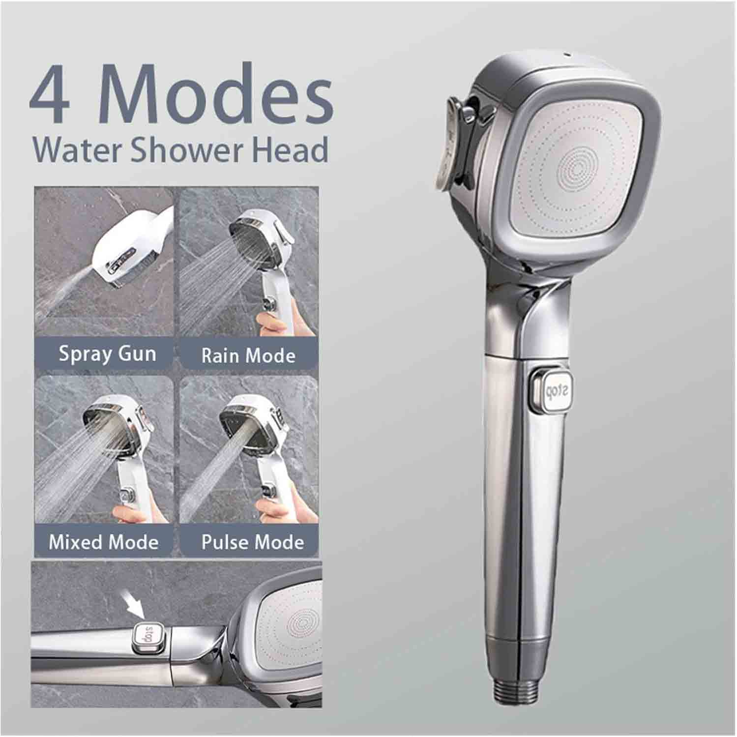 High Pressure Shower Head 4 Modes with Switch On Off Button Sprayer Water Saving Adjustable Shower Nozzle Filter