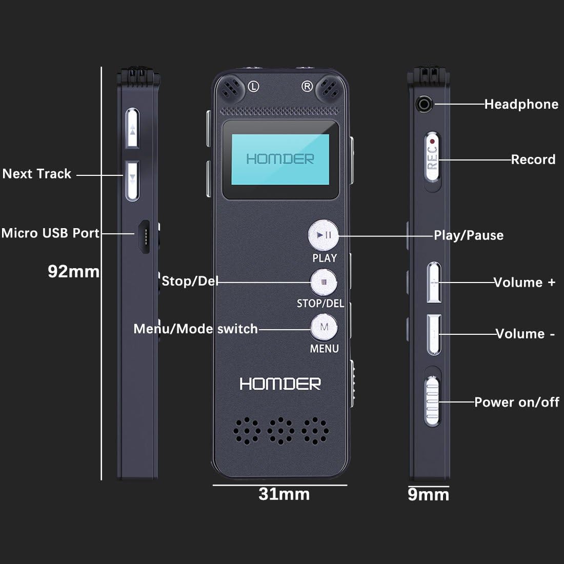 Homder USB Professional Digital Voice Recorder, Dictaphone Recorder with MP3 Player, Activated Rechargeable, Stereo HD Recording for Lectures (16GB)