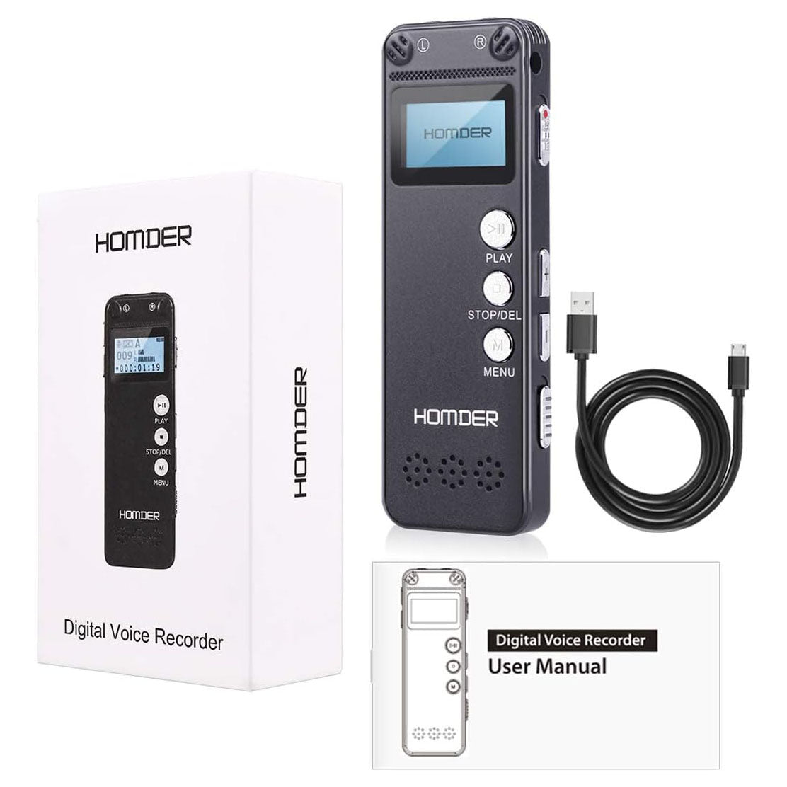 Homder USB Professional Digital Voice Recorder, Dictaphone Recorder with MP3 Player, Activated Rechargeable, Stereo HD Recording for Lectures (16GB)