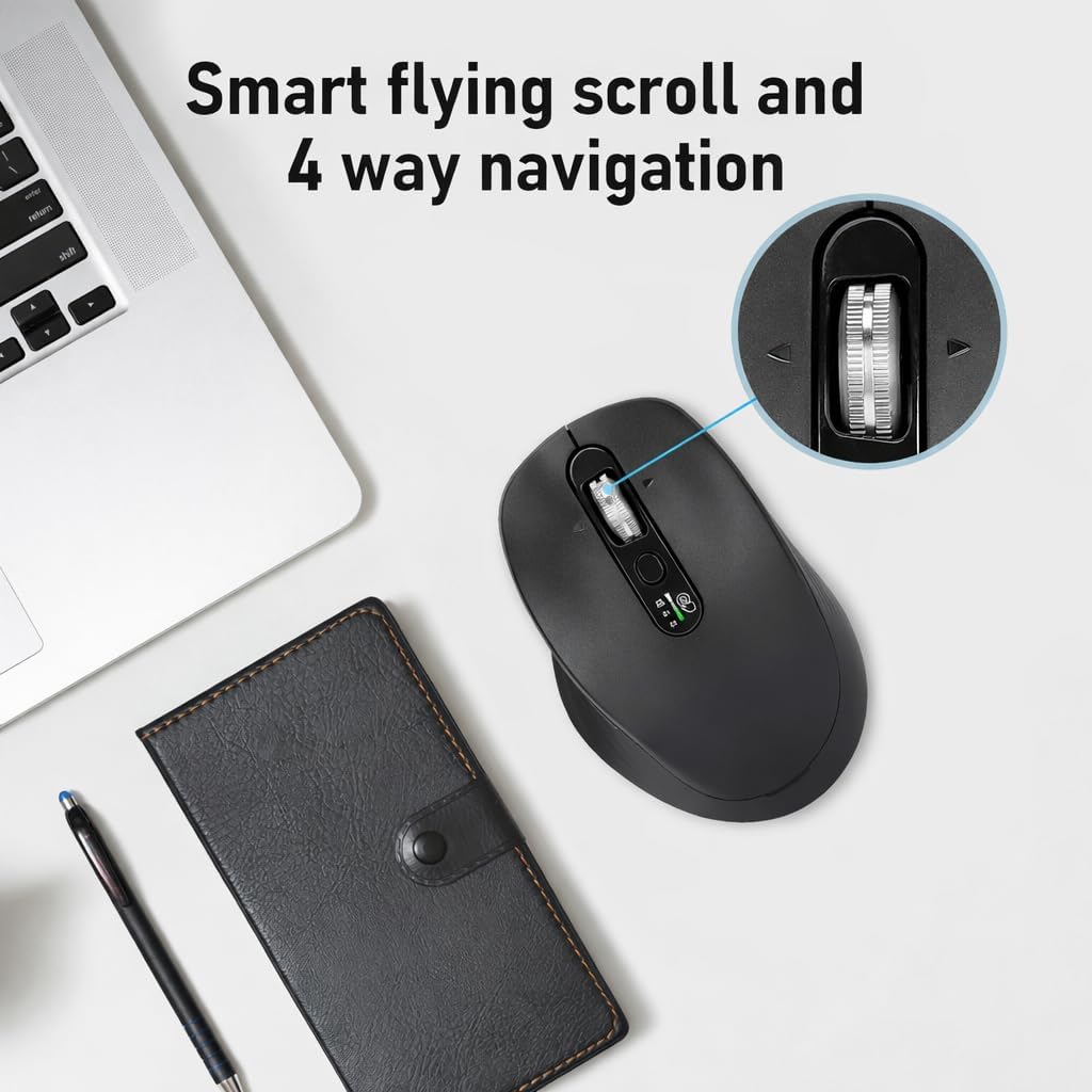 INFINMIND Wireless Bluetooth Mouse, Multi Device (BT1/BT2 + 2.4G USB) Mouse for Laptop, iPad & Mac, 4-Way Scroll with Side Buttons, Silent Click Ergonomic Offce Mouse, Adjustable DPI