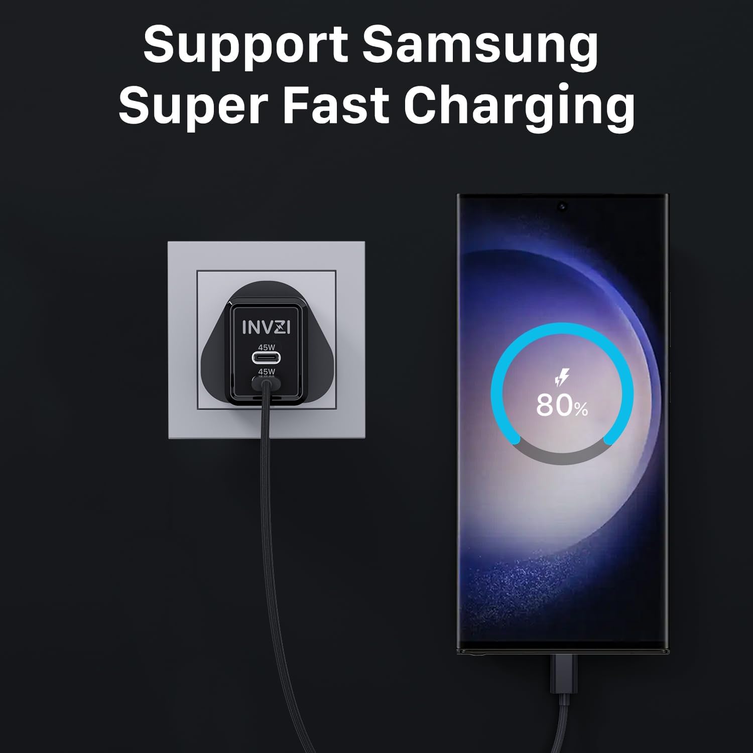 INVZI 45W USB C Charger, GaNHub 45w Dual Ports GaN Foldable PPS Wall Charger Block Support Samsung Super Fast Charging for Galaxy S24 Ultra,S24+,S23,Z Flip5,iP 16,15,14,13,iP,M-ac,Steam Deck