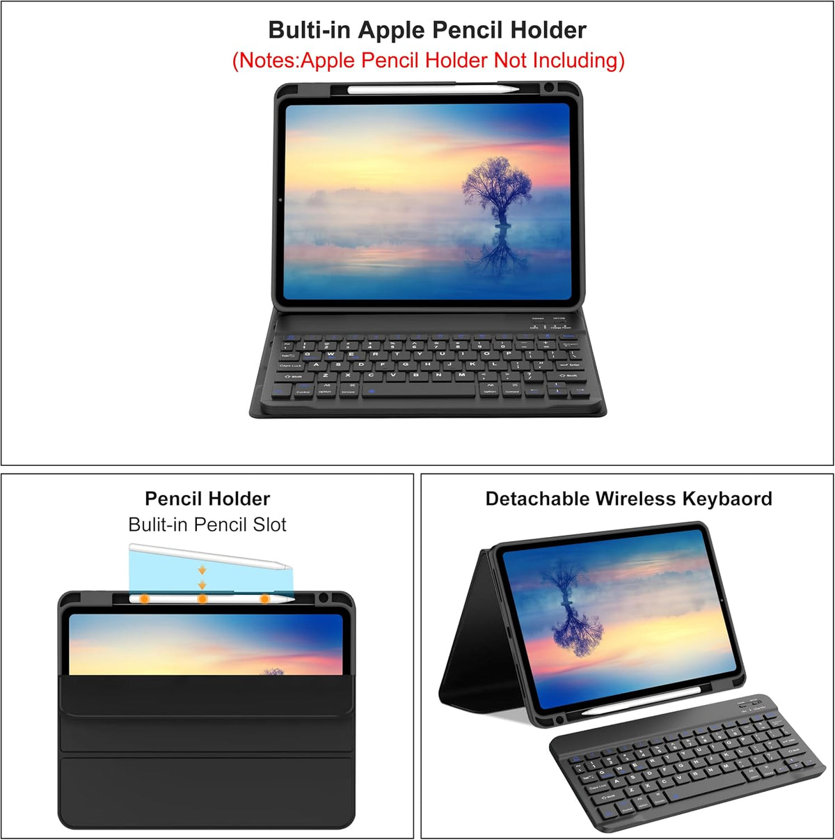 IVEOPPE Keyboard Case for iPad Pro 11-inch Detachable Wireless Bluetooth Keyboard, Auto Wake/Sleep, Resistant Protective, Rechargeable, Pencil Holder