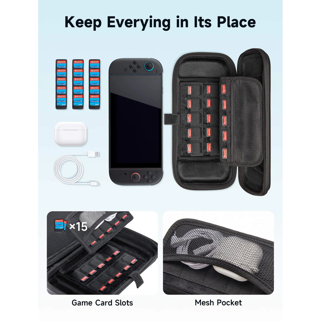 JSAUX Carrying Case Compatible with Nintendo Switch 2, Protective Hard Shell Case with 15 Game Card Slots