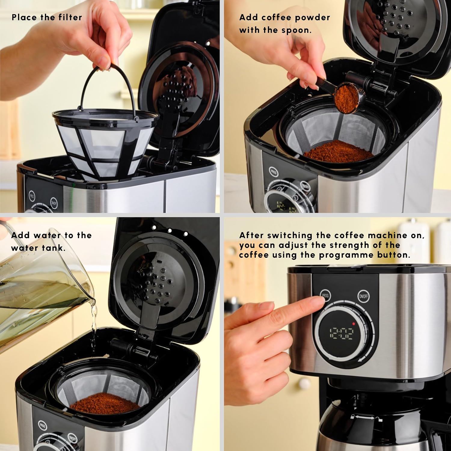 KARACA Series 2303 Filter Coffee Machines with Timer, Filter Coffee Maker with Automatic Keep Warm Function & 1.2-litre Steel Thermal Carafe, Fast Brewing, Black