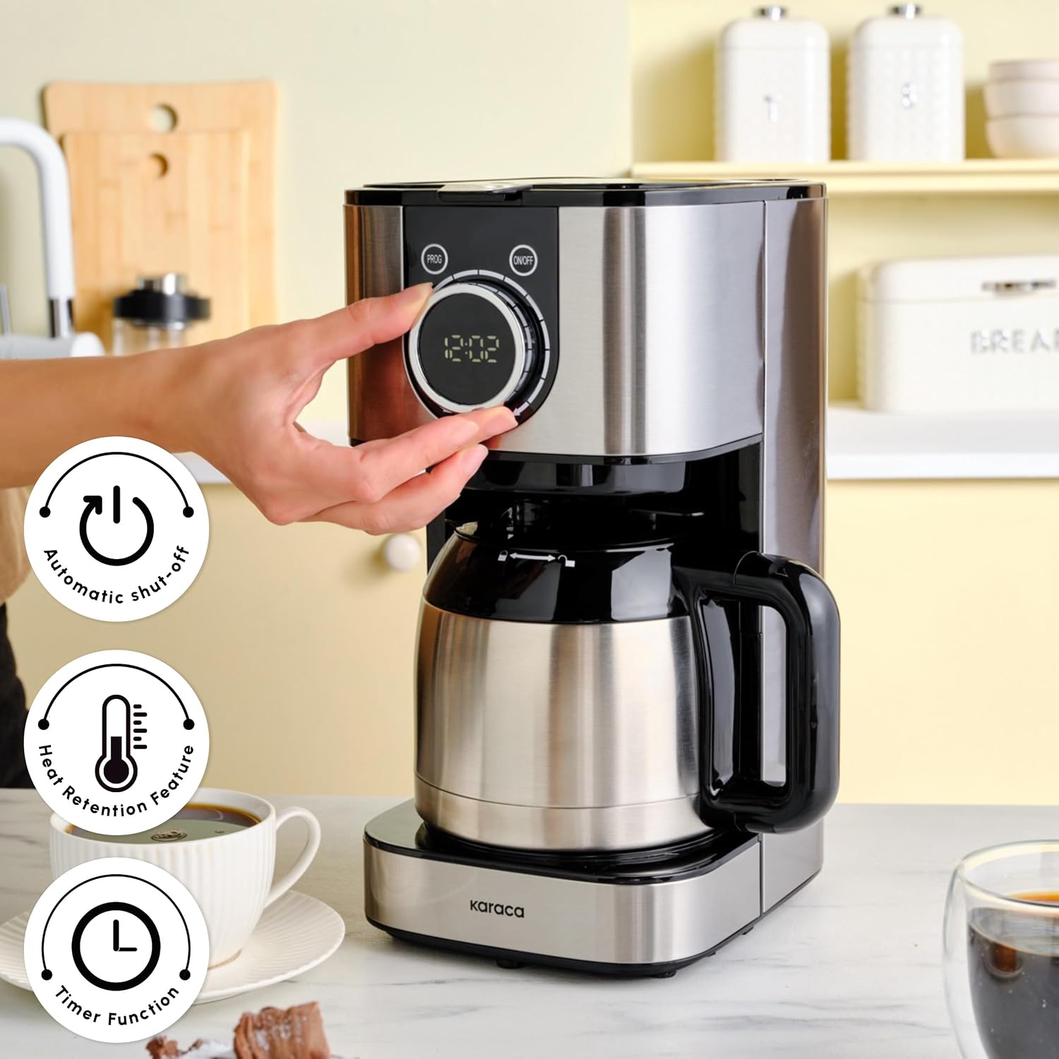 KARACA Series 2303 Filter Coffee Machines with Timer, Filter Coffee Maker with Automatic Keep Warm Function & 1.2-litre Steel Thermal Carafe, Fast Brewing, Black