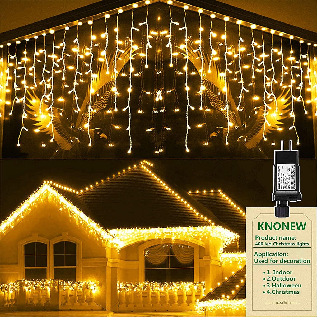 KNONEW Lights Outdoor Decorations 400 LED 33ft 8 Modes Curtain Fairy String Light with 75 Drops, Clear Wire LED String Light Indoor Decor for Wedding Party Christmas Decorations Warm White