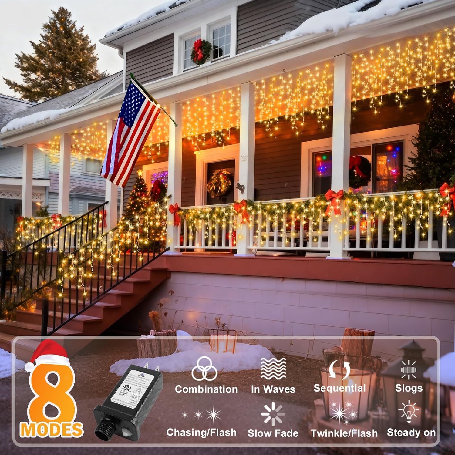 KNONEW Lights Outdoor Decorations 400 LED 33ft 8 Modes Curtain Fairy String Light with 75 Drops, Clear Wire LED String Light Indoor Decor for Wedding Party Christmas Decorations Warm White