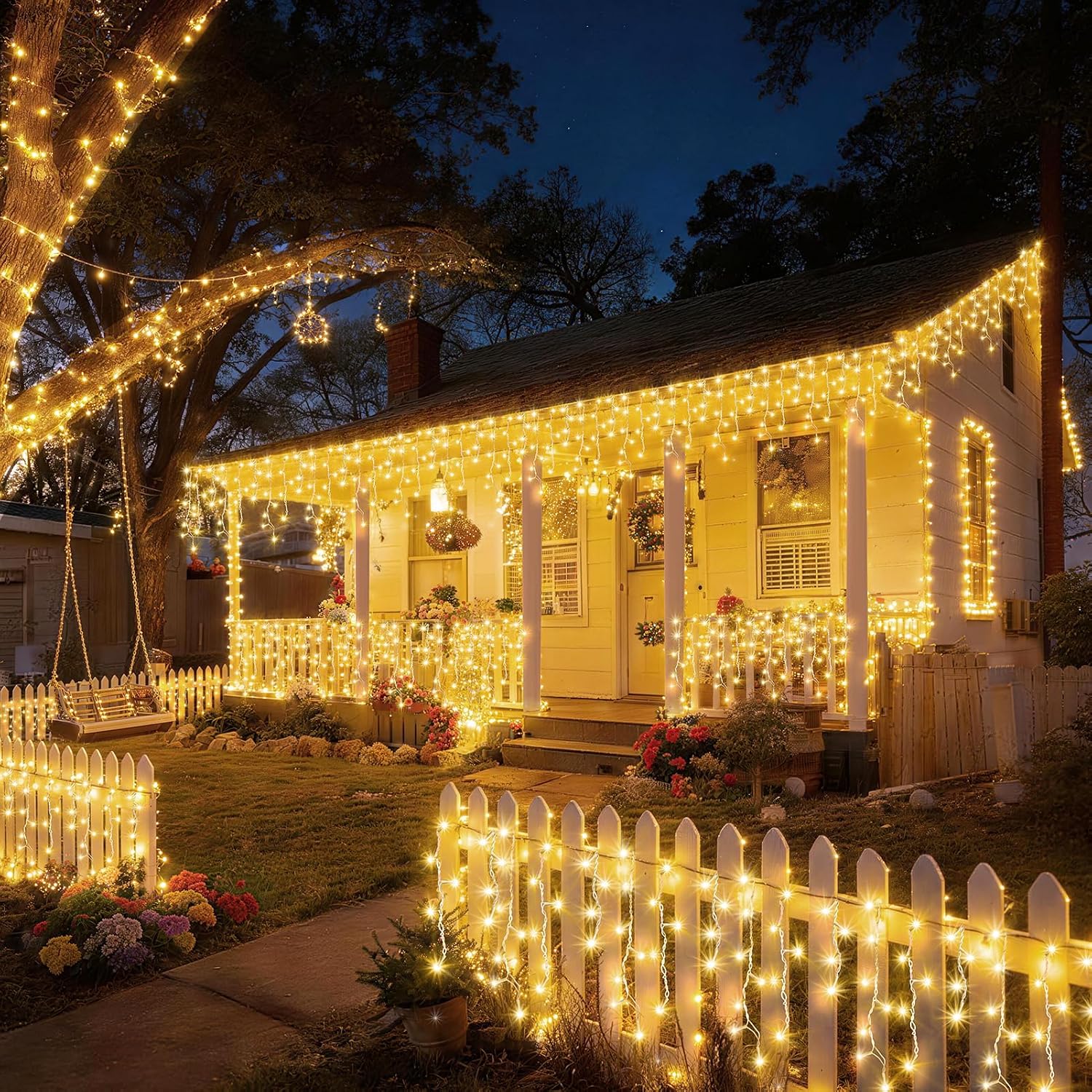 KNONEW Lights Outdoor Decorations 400 LED 33ft 8 Modes Curtain Fairy String Light with 75 Drops, Clear Wire LED String Light Indoor Decor for Wedding Party Christmas Decorations Warm White