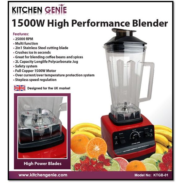 Kitchen Genie High Performance Jug Blender 1500W 2 Litre Juice ICE CRUSHER (25000 RPM)
