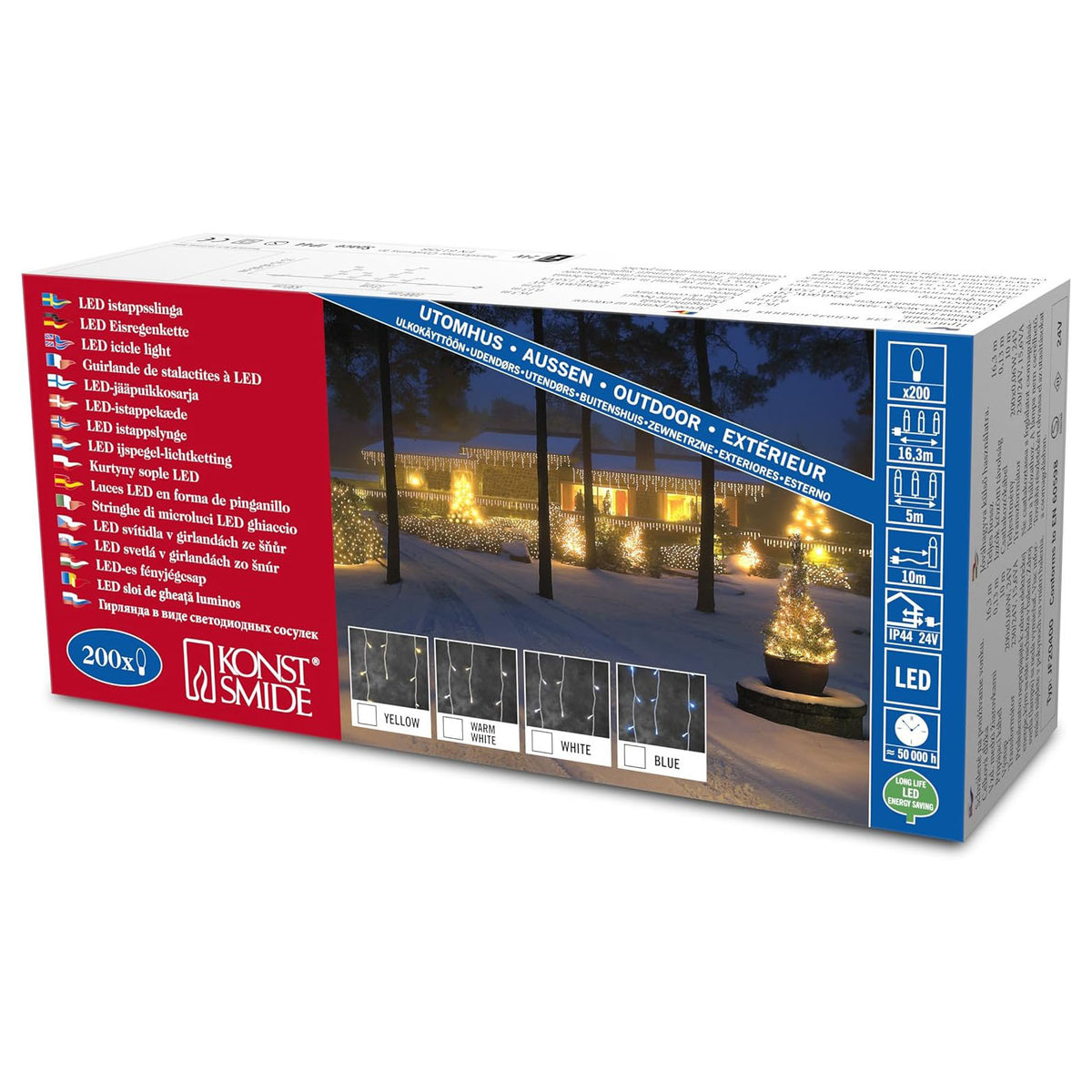 Konstsmide Micro LED Christmas Lights Icicles / Outdoor Lights (IP20)10m Lit Length / 30 to 90cm Drops / 200 Blue Diodes / White Cable String Lights