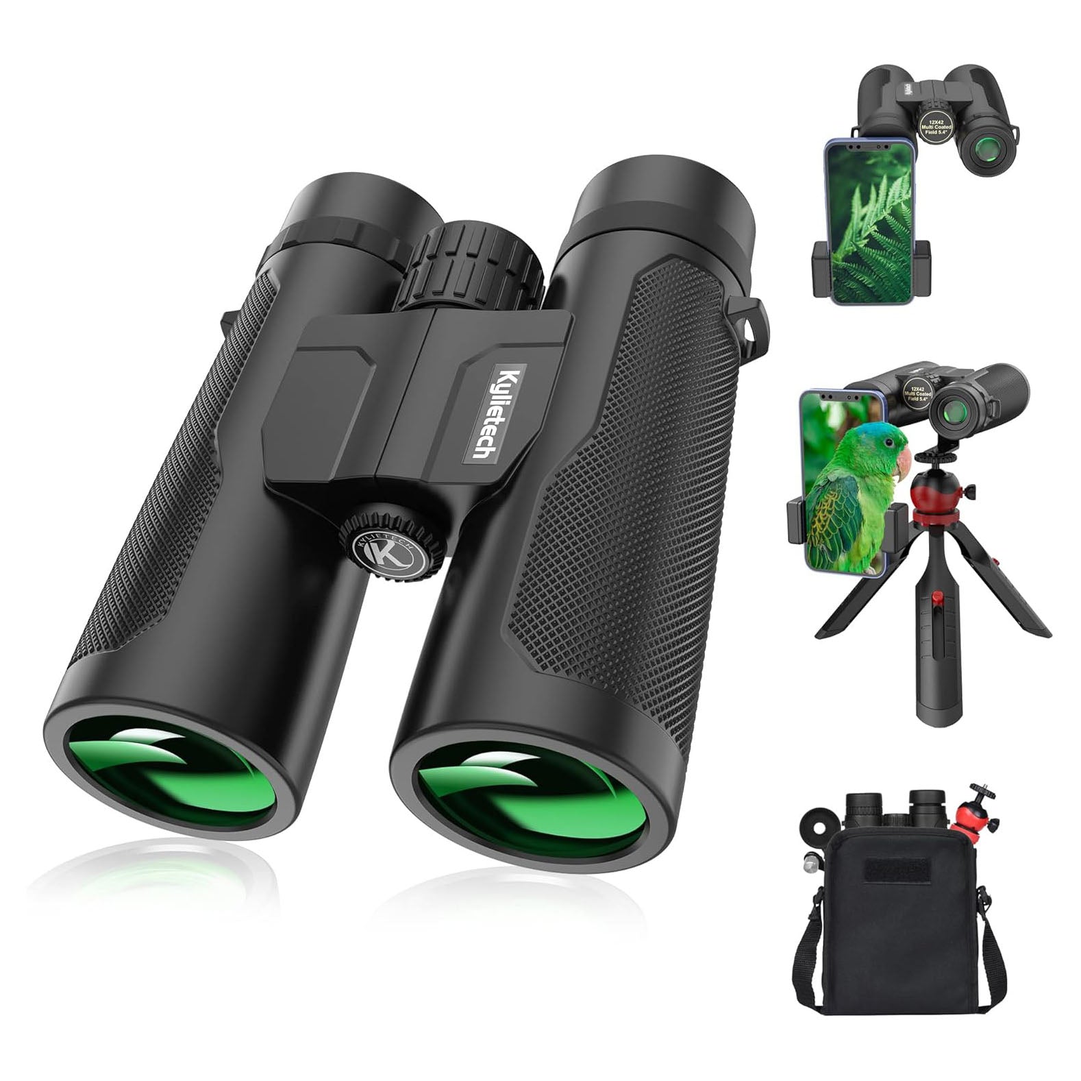 Kylietech 12x42 Binoculars with Tripod, Waterproof Bird Watching Binocular with BaK-4 Prisms, FMC Lens, Phone Adapter for Photography, Stargazing