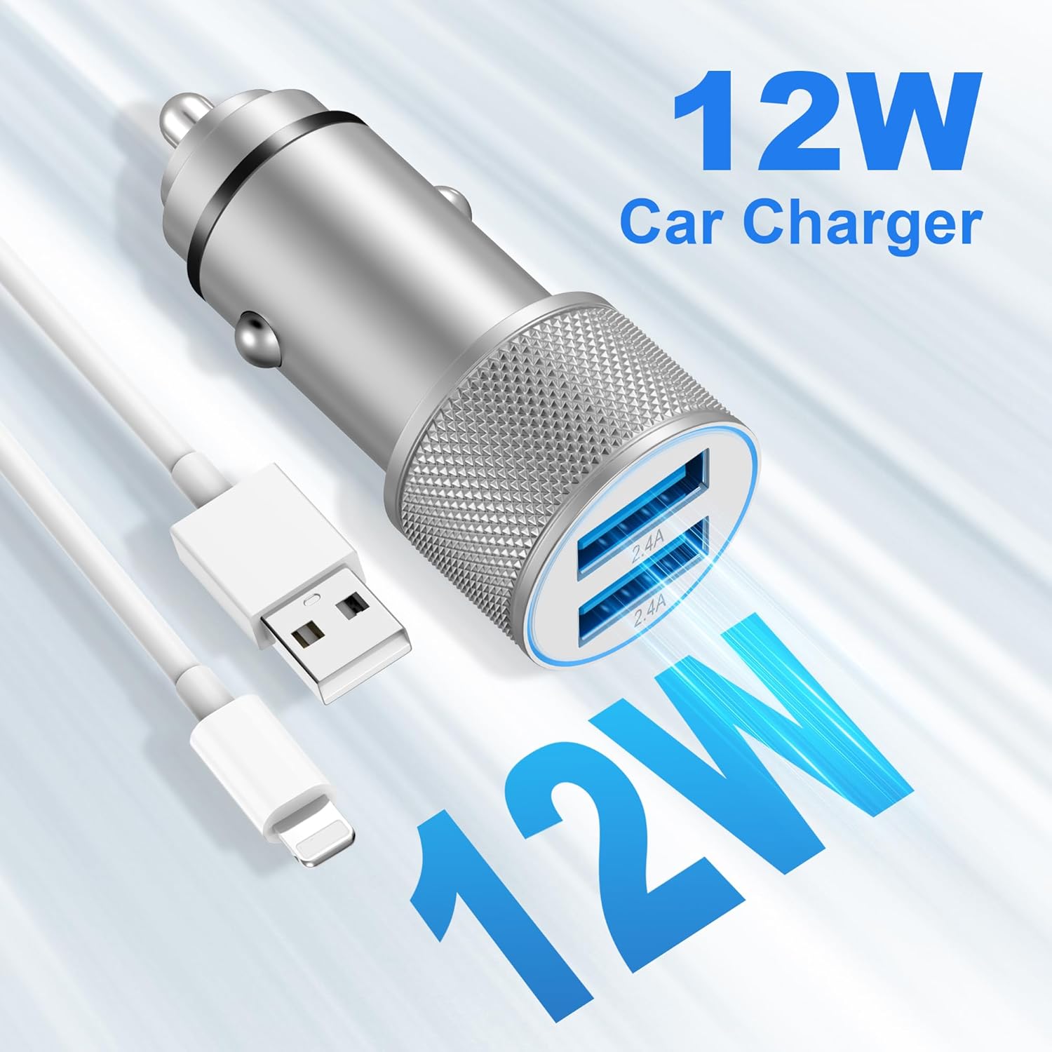 LUOSIKE 12W Dual-USB Car Charger with Phone Charging Cable, 5 V/2.4 A 2-Port Car Charger and 1 m Cable, 12 V/24 V Socket for Car, Compatible with Smartphones