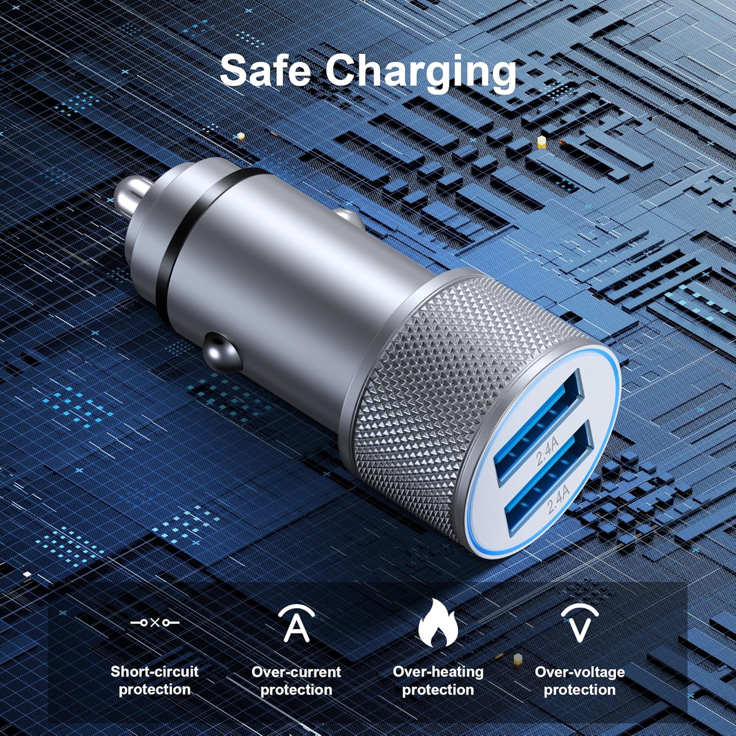 LUOSIKE 12W Dual-USB Car Charger with Phone Charging Cable, 5 V/2.4 A 2-Port Car Charger and 1 m Cable, 12 V/24 V Socket for Car, Compatible with Smartphones