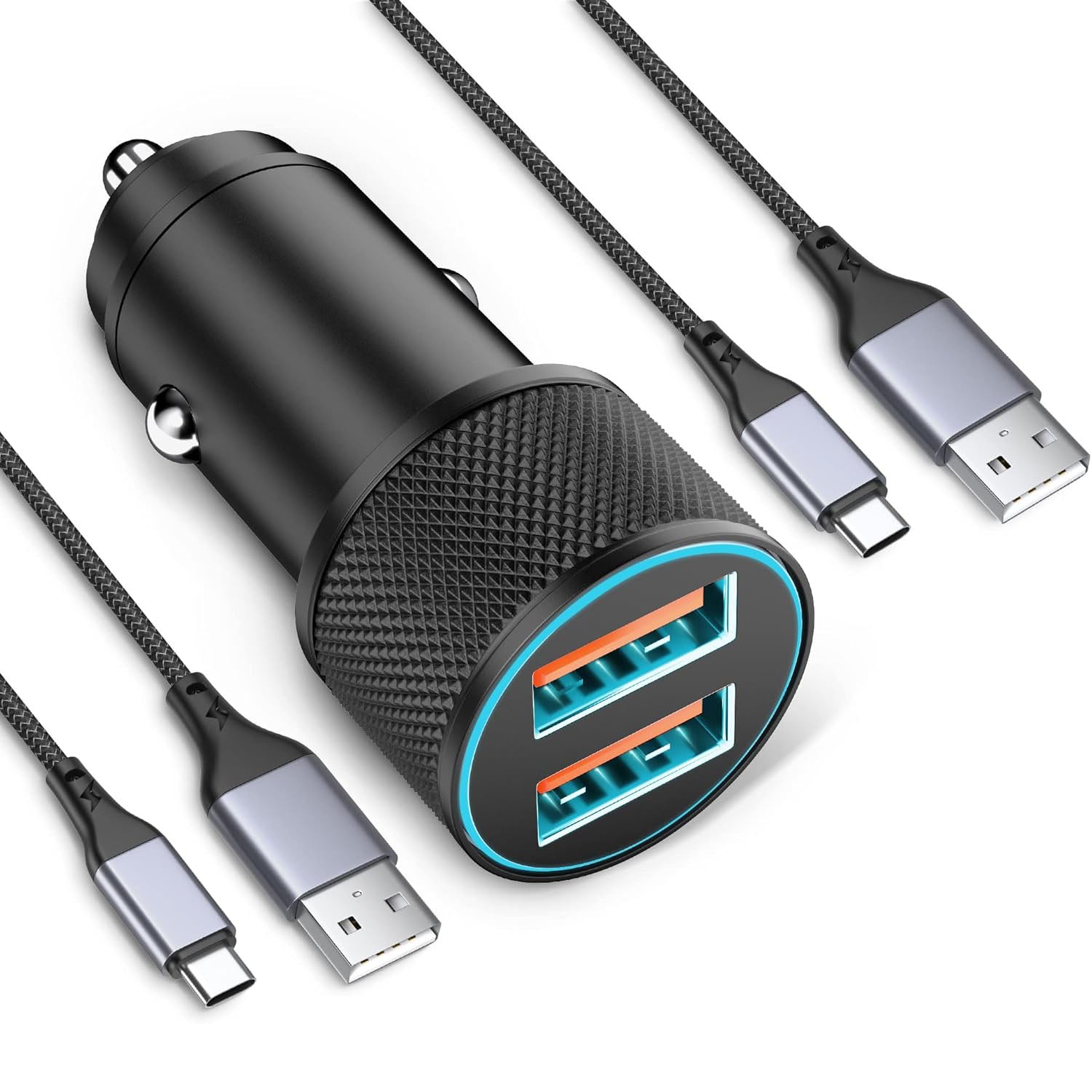 LUOSIKE 36W Dual-USB CAr Charger with 2 1m Braided Type-C Cables, QC3.0 Fast Charger, Alloy Charger with LED, Car Charger Compatible with Samsung, Google, Xiaomi, Oneplus