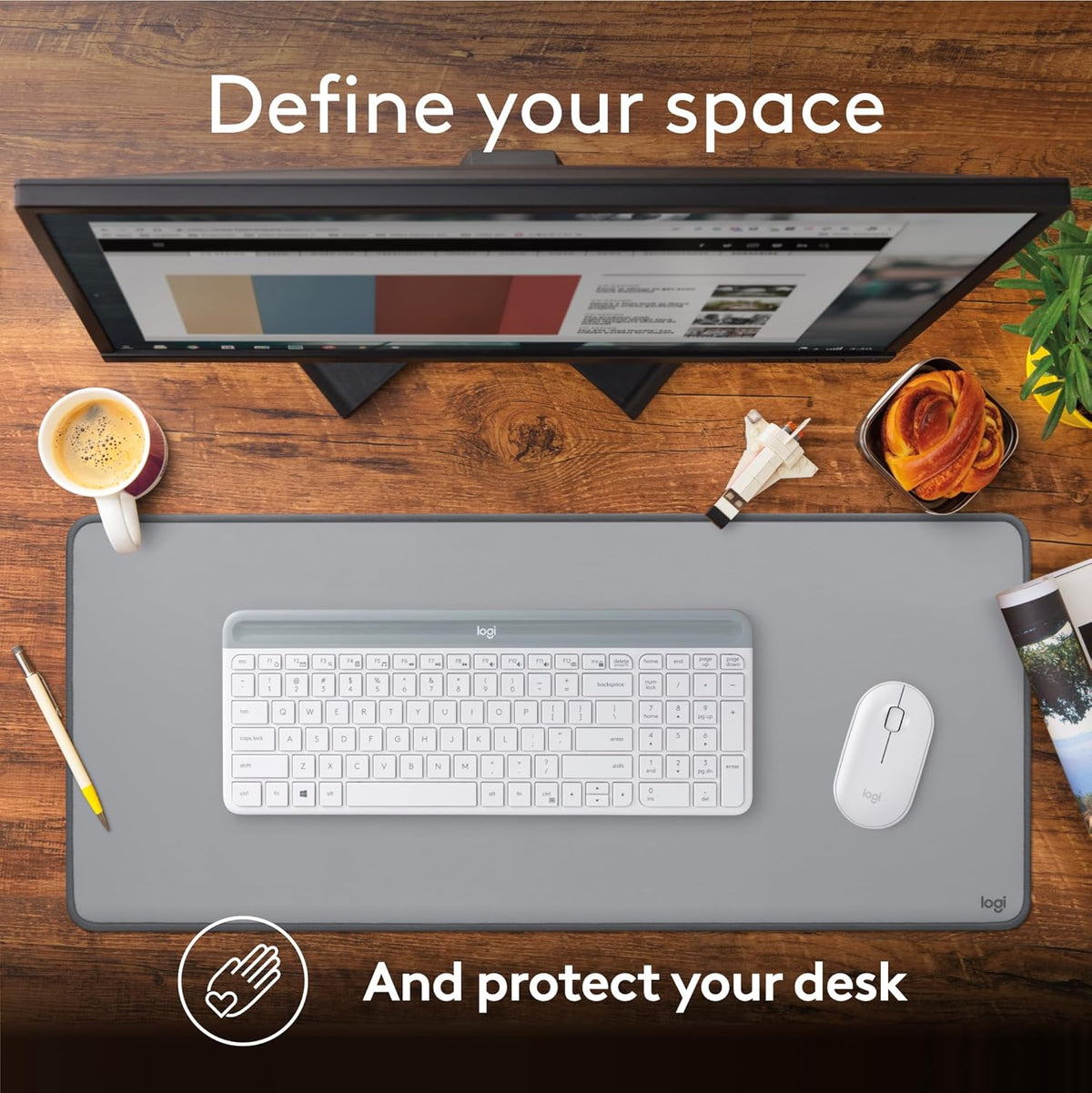 Logitech Desk Mat - Studio Series, Multifunctional Large Desk Pad, Extended Mouse Mat, Office Desk Protector with Anti-Slip Base, Spill-Resistant Durable Design - Grey, Rubber