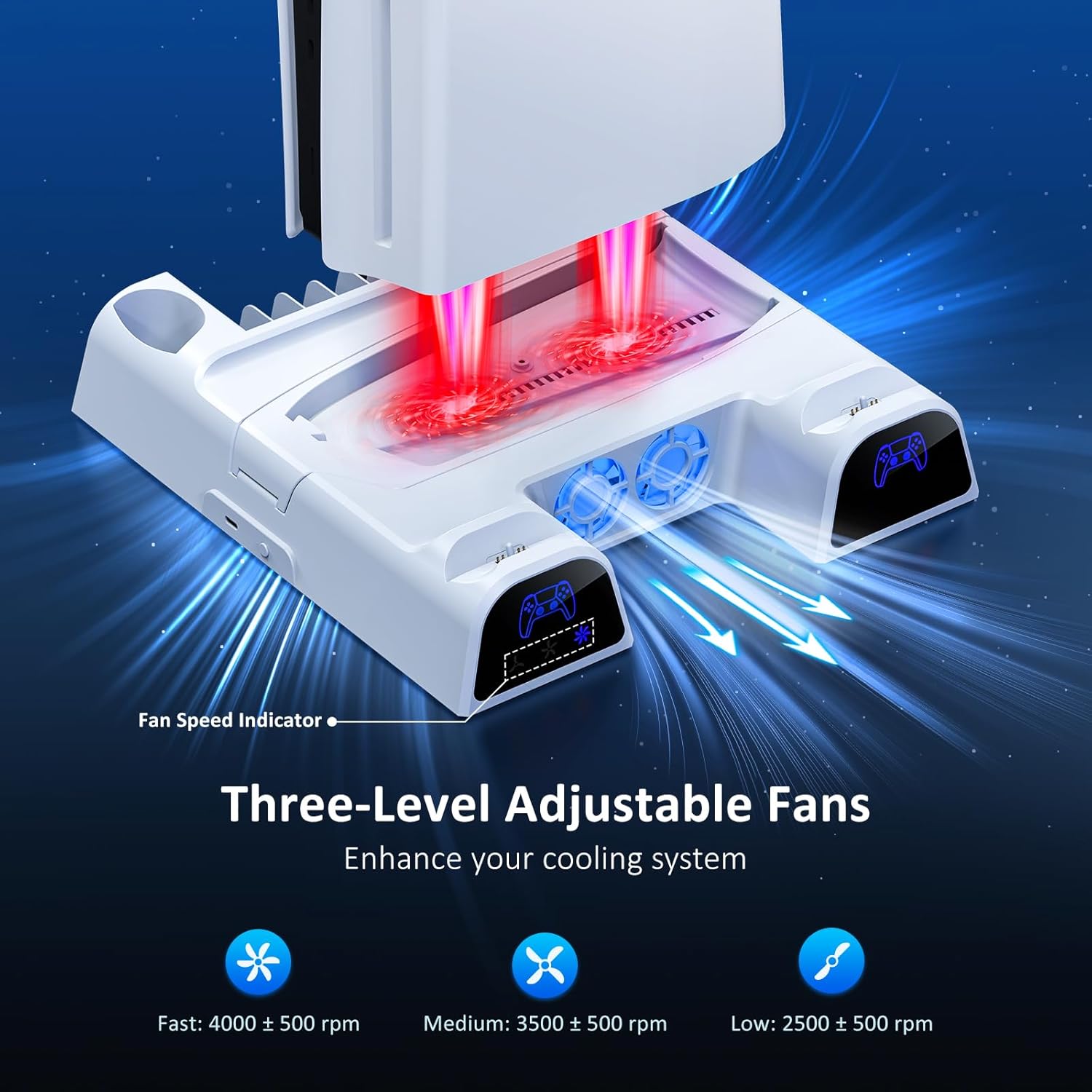 NexiGo PS5/Slim Stand and Cooling Station with LED Controller Charging Station for PS5 Disc & Digital Edition Dual Controller Charging Station, 3 Levels Adjustable Fan Speed, 10 Game Rack Organizer