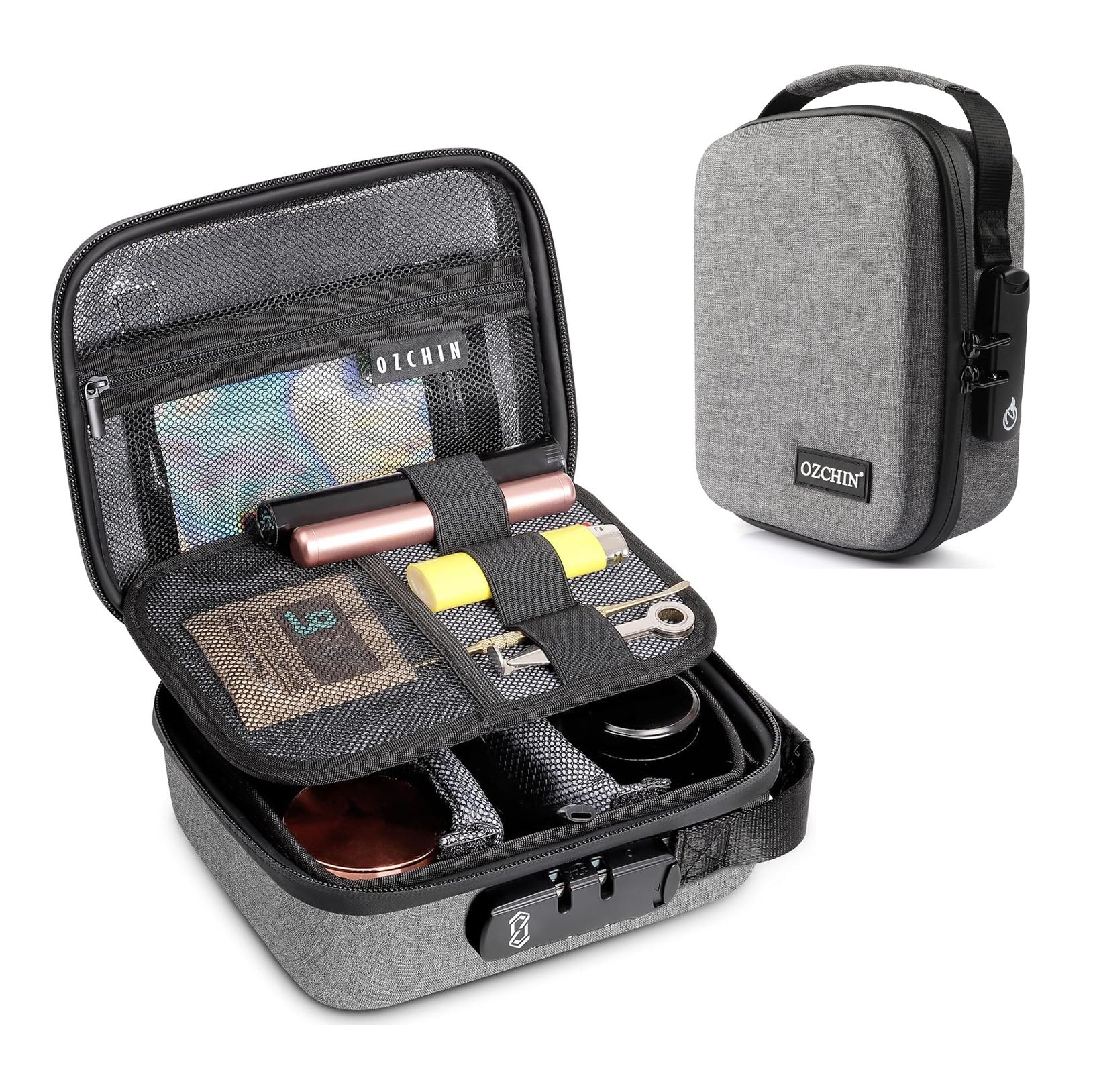 OZCHIN Smell Proof Bag with Combination Lock Odorless Carbon Lined Hard PU Stash Box Odor Proof Container Medicine Organizer Case Travel Carrying Storage Bag (Grey)